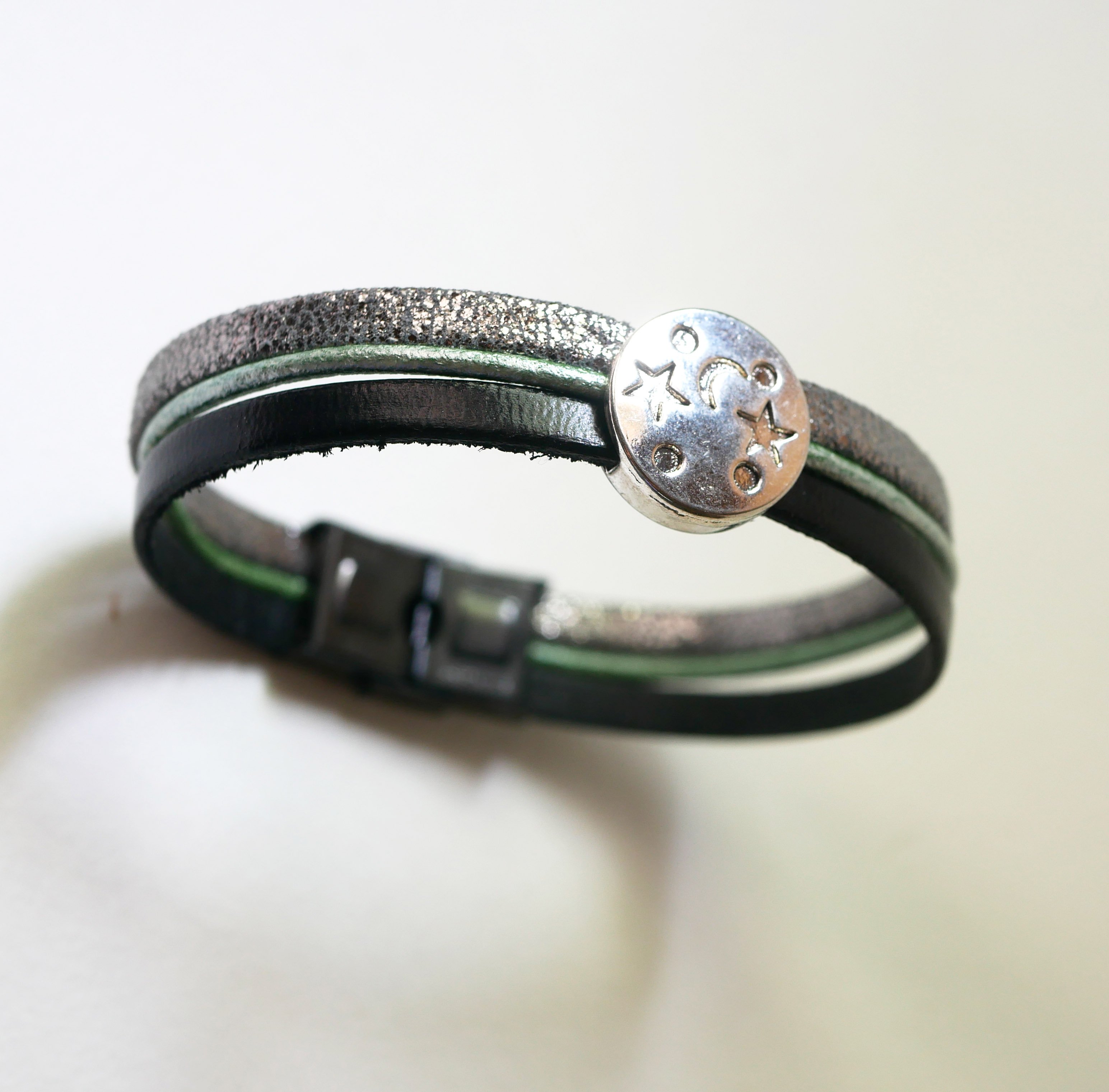 Silver, green and black cabochon moon star leather multi-link bracelet