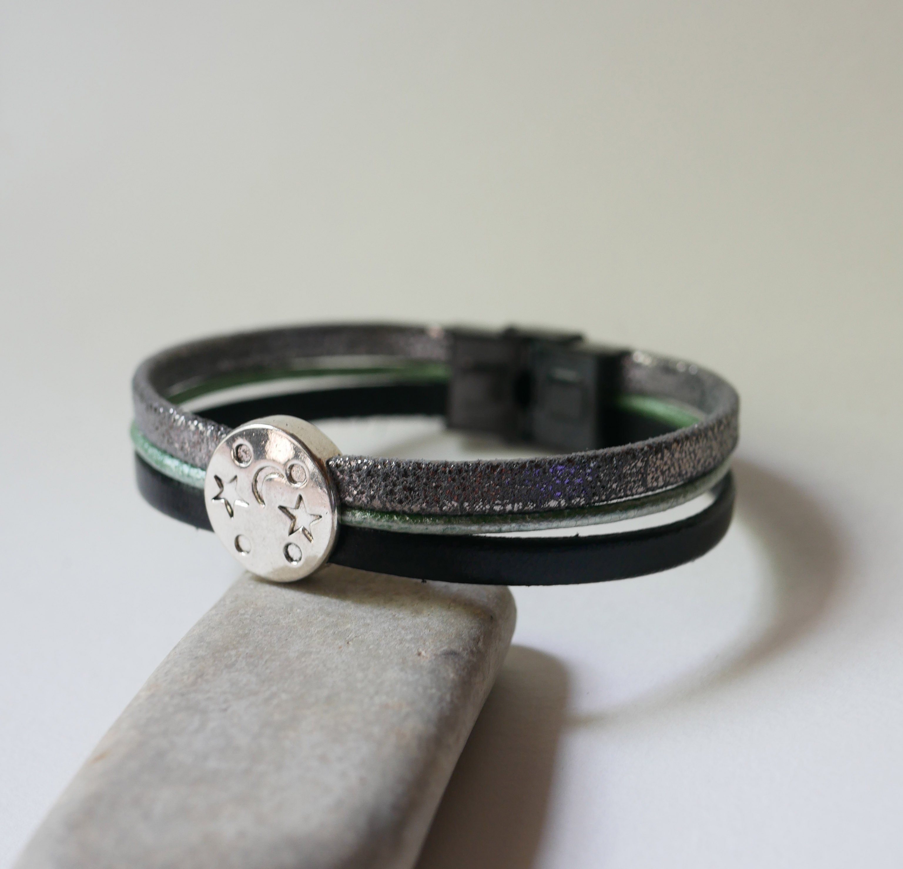 Silver, green and black cabochon moon star leather multi-link bracelet