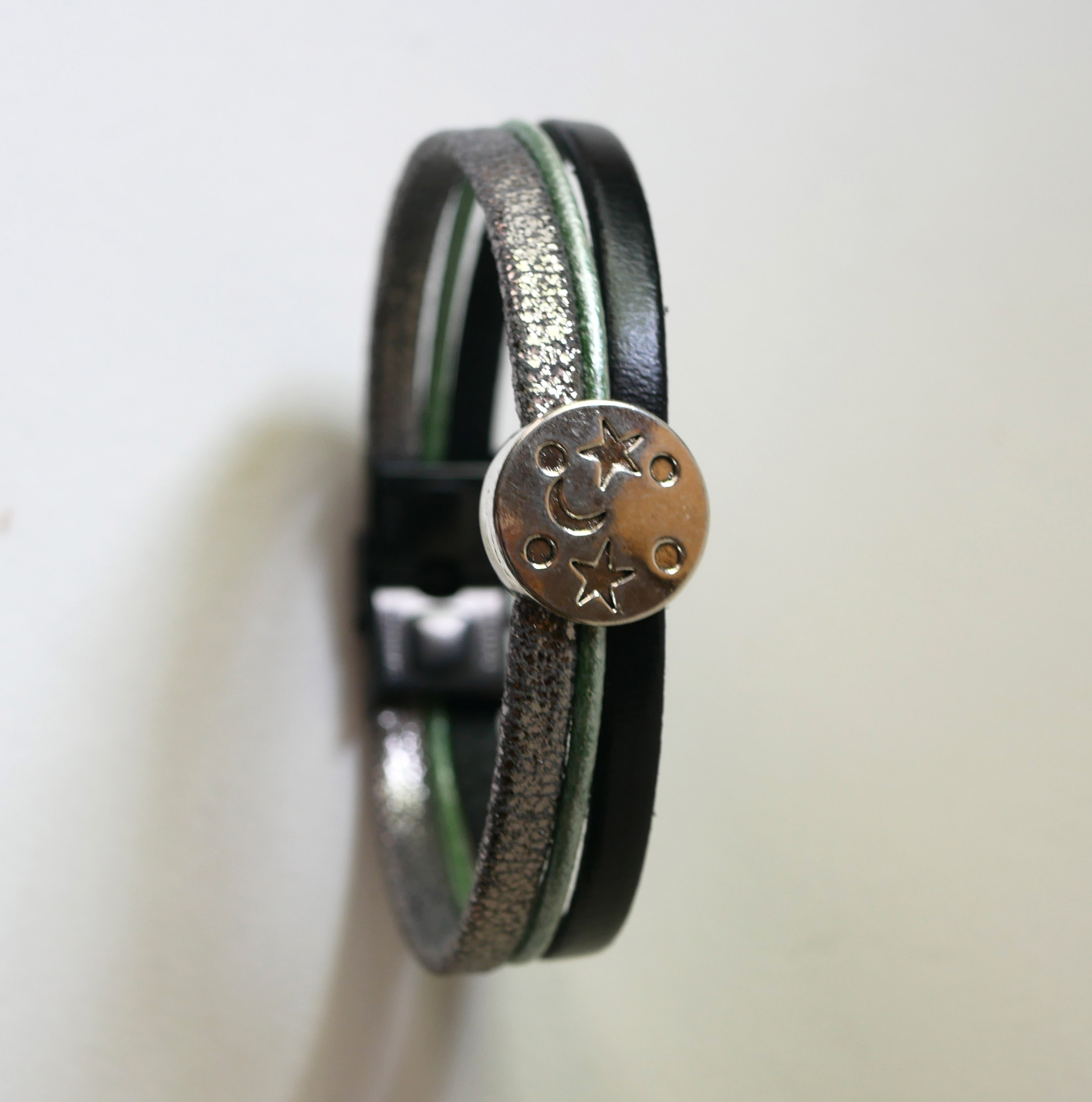 Silver, green and black cabochon moon star leather multi-link bracelet
