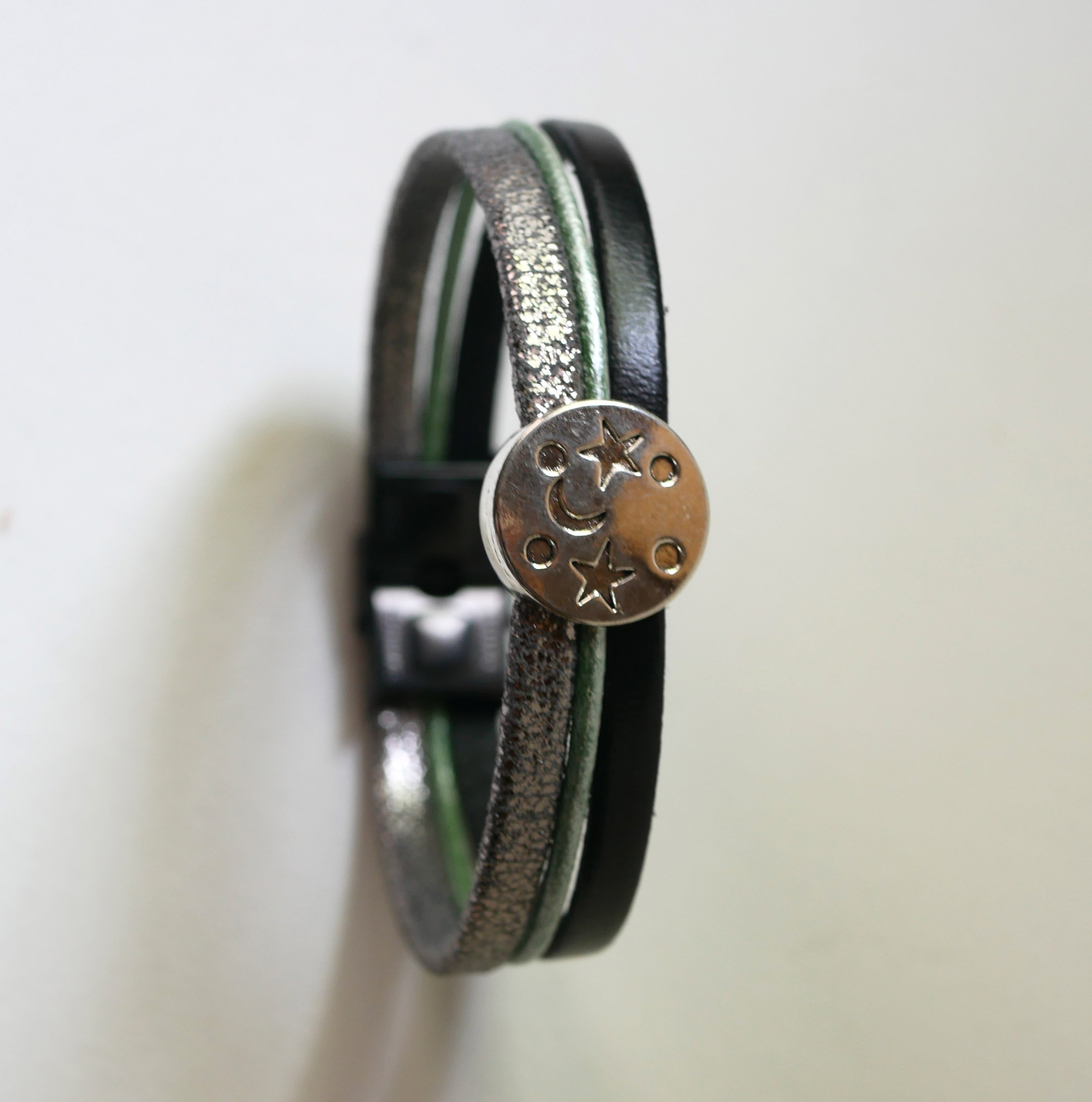 Silver, green and black cabochon moon star leather multi-link bracelet