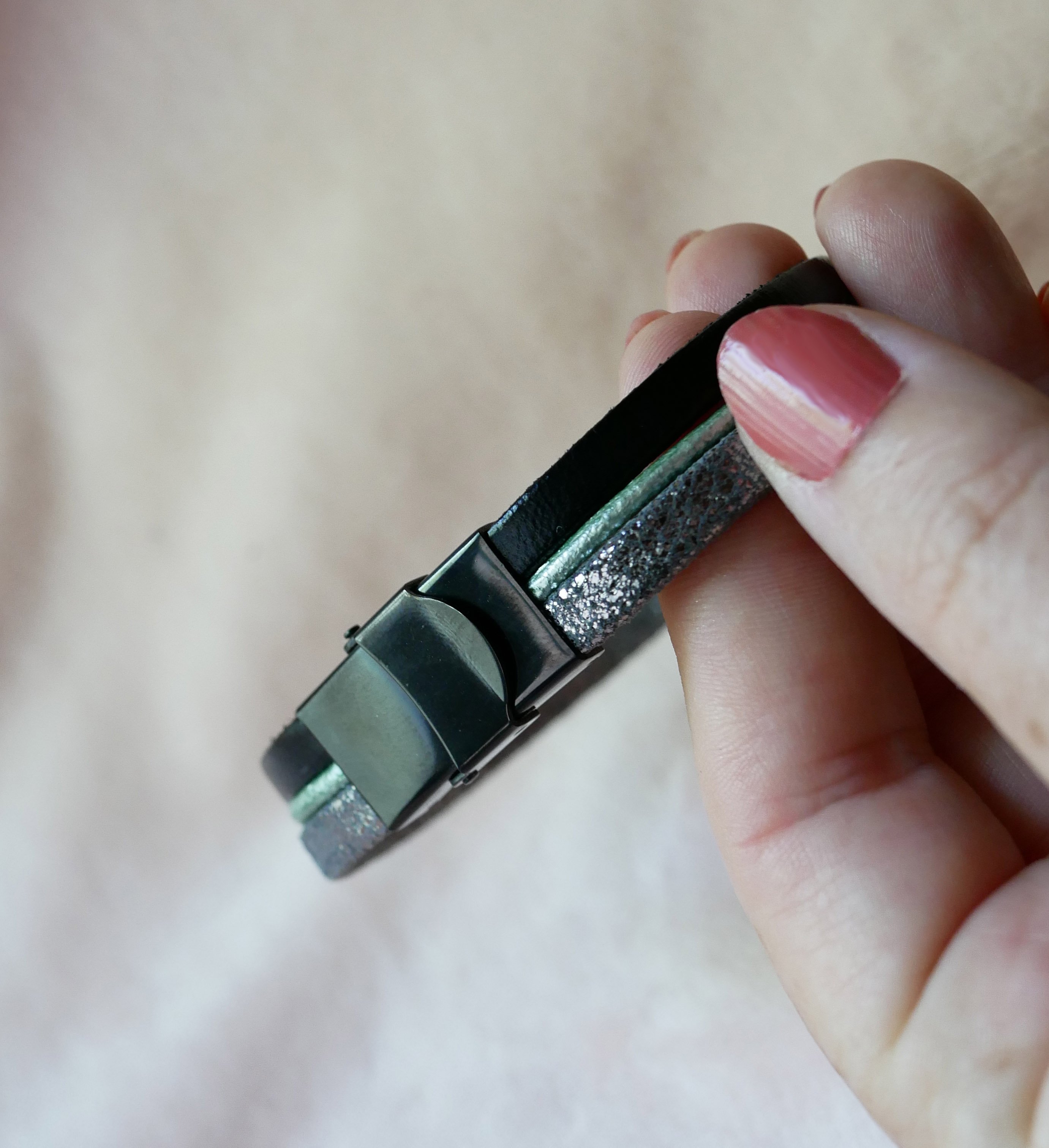 Silver, green and black cabochon moon star leather multi-link bracelet