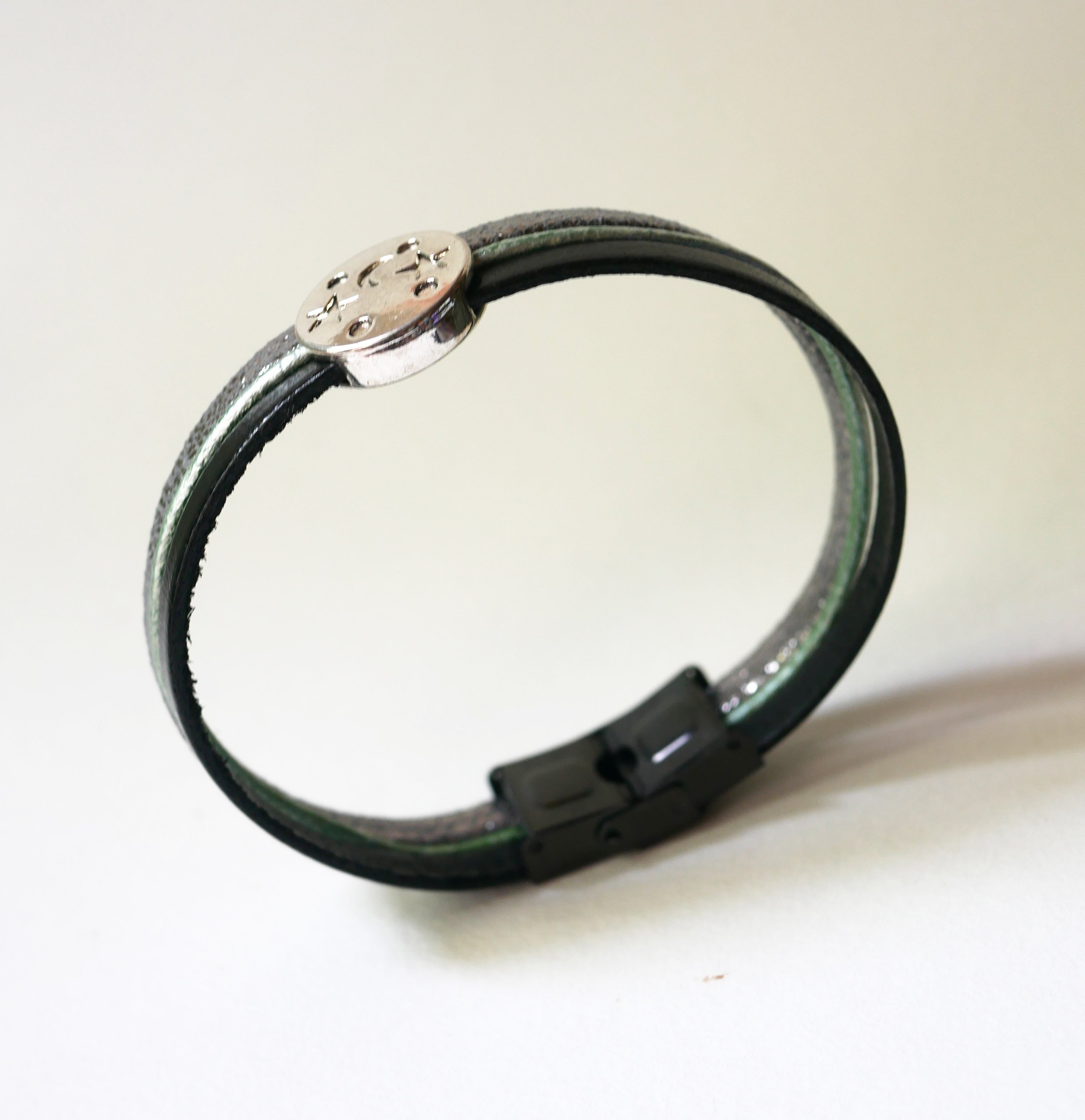 Silver, green and black cabochon moon star leather multi-link bracelet