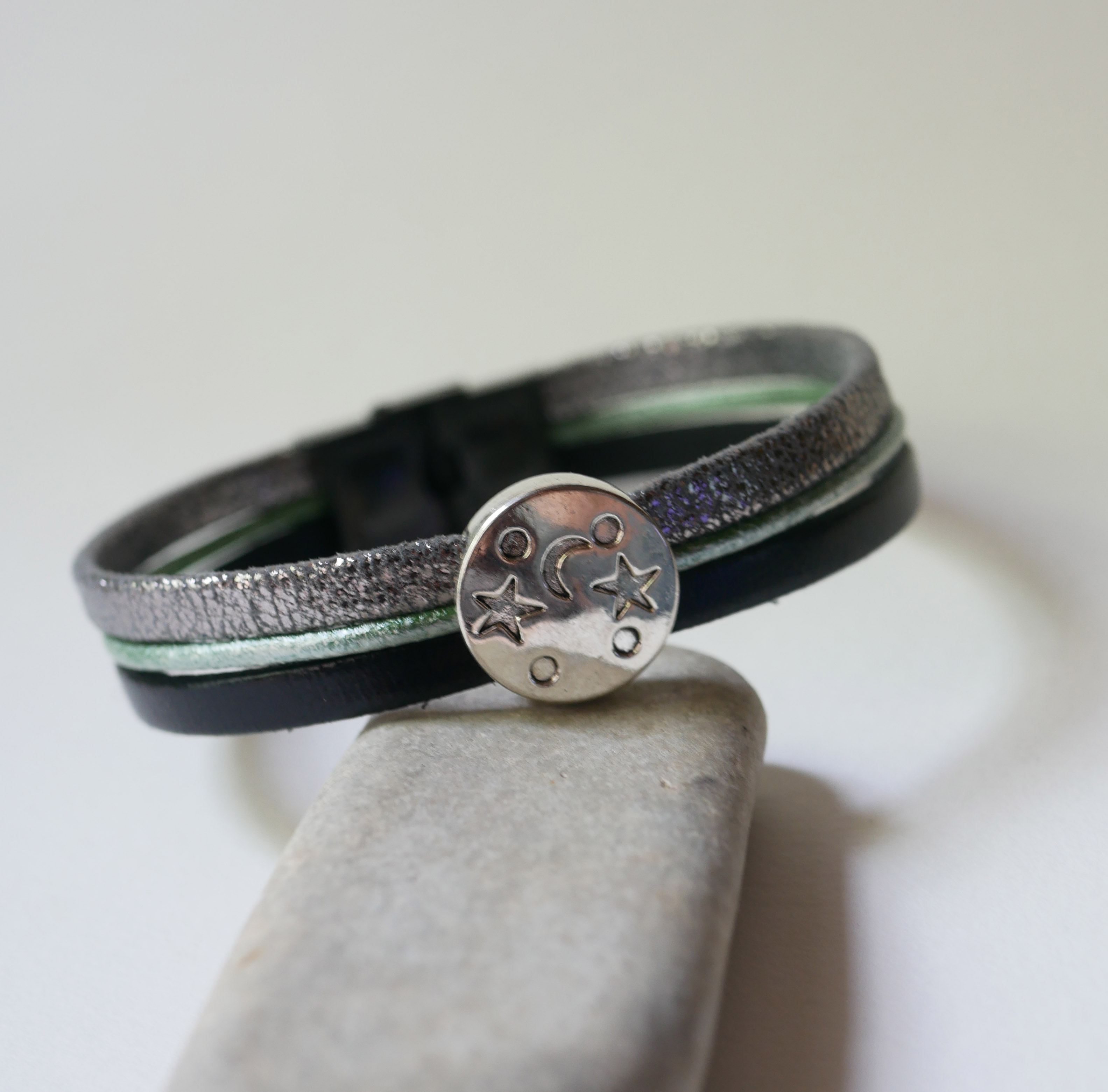 Silver, green and black cabochon moon star leather multi-link bracelet