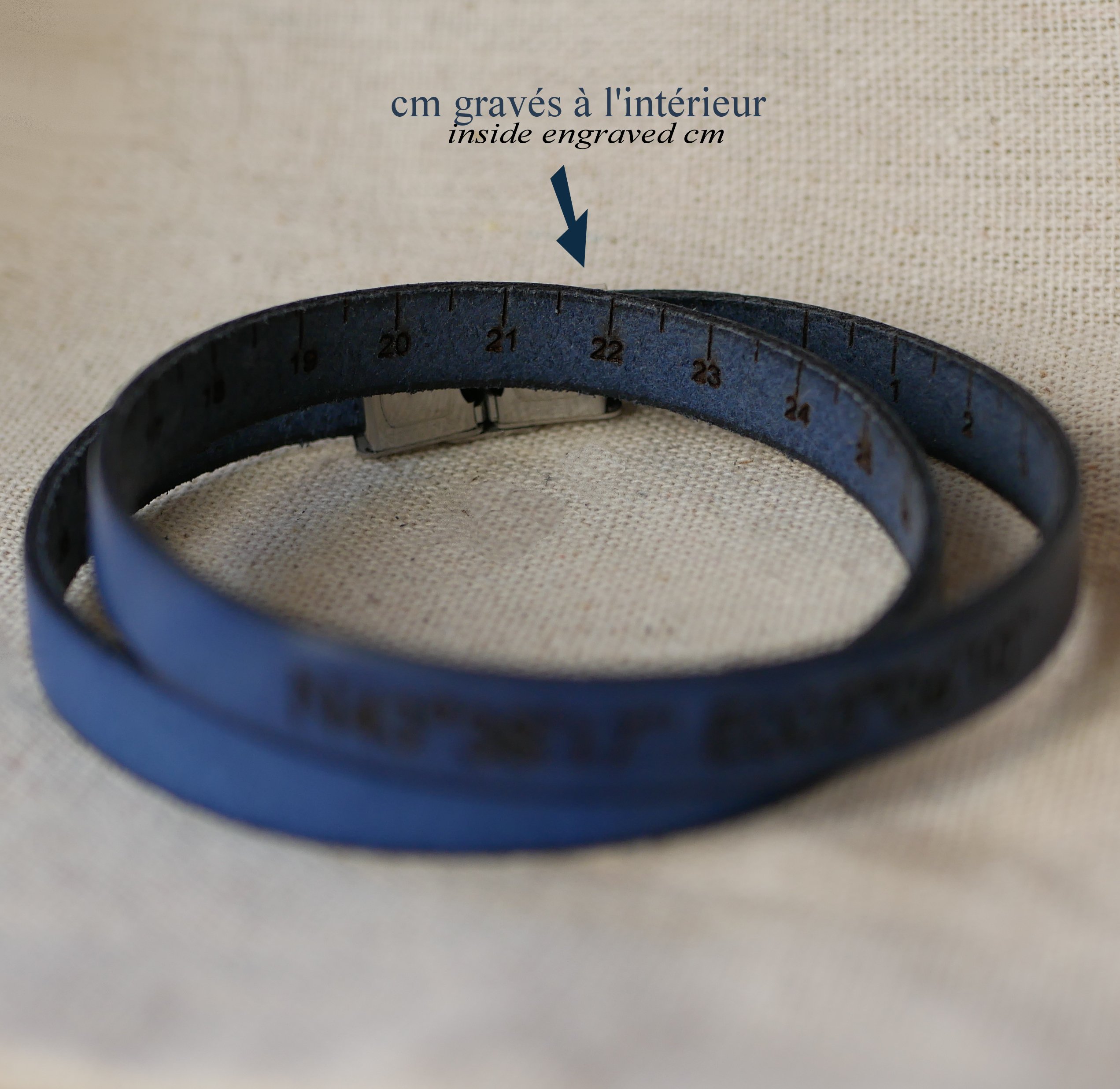 Customizable double-turn engraved leather tape measure bracelet 