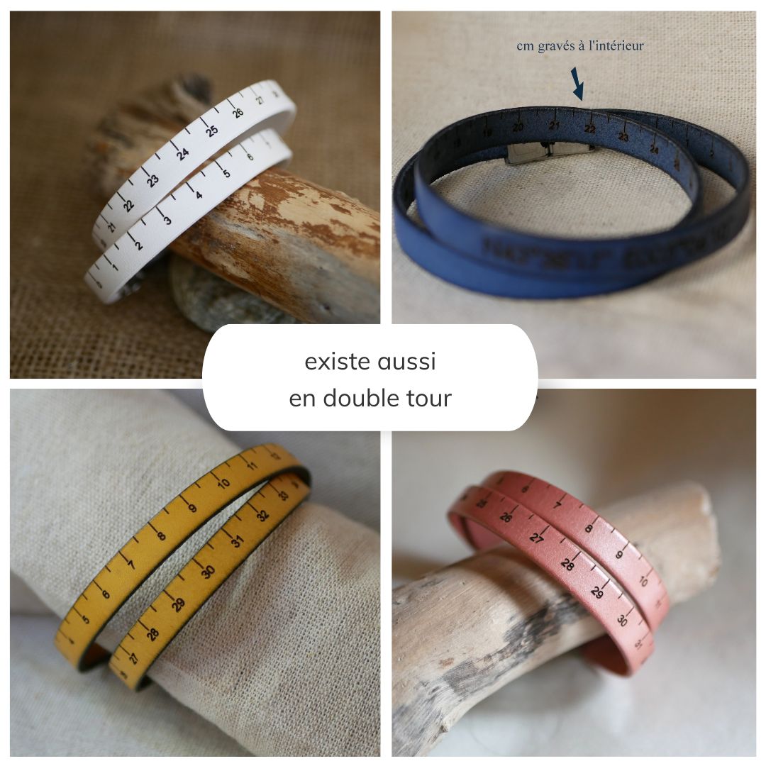 Sewing metre bracelet in engraved leather in cm, customizable on the back