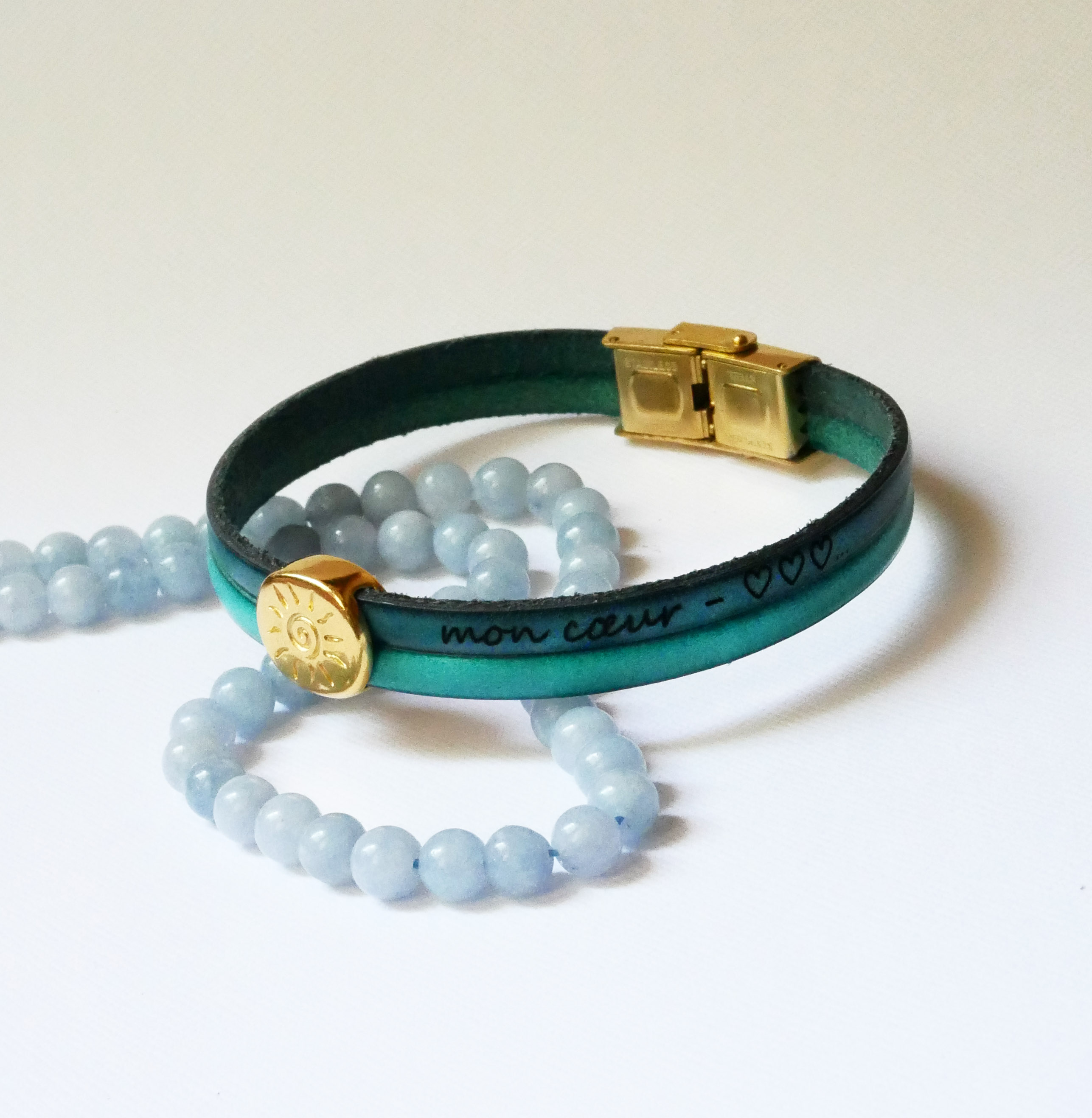 Soleil gold-plated bangle on leather duo to personalize and engrave