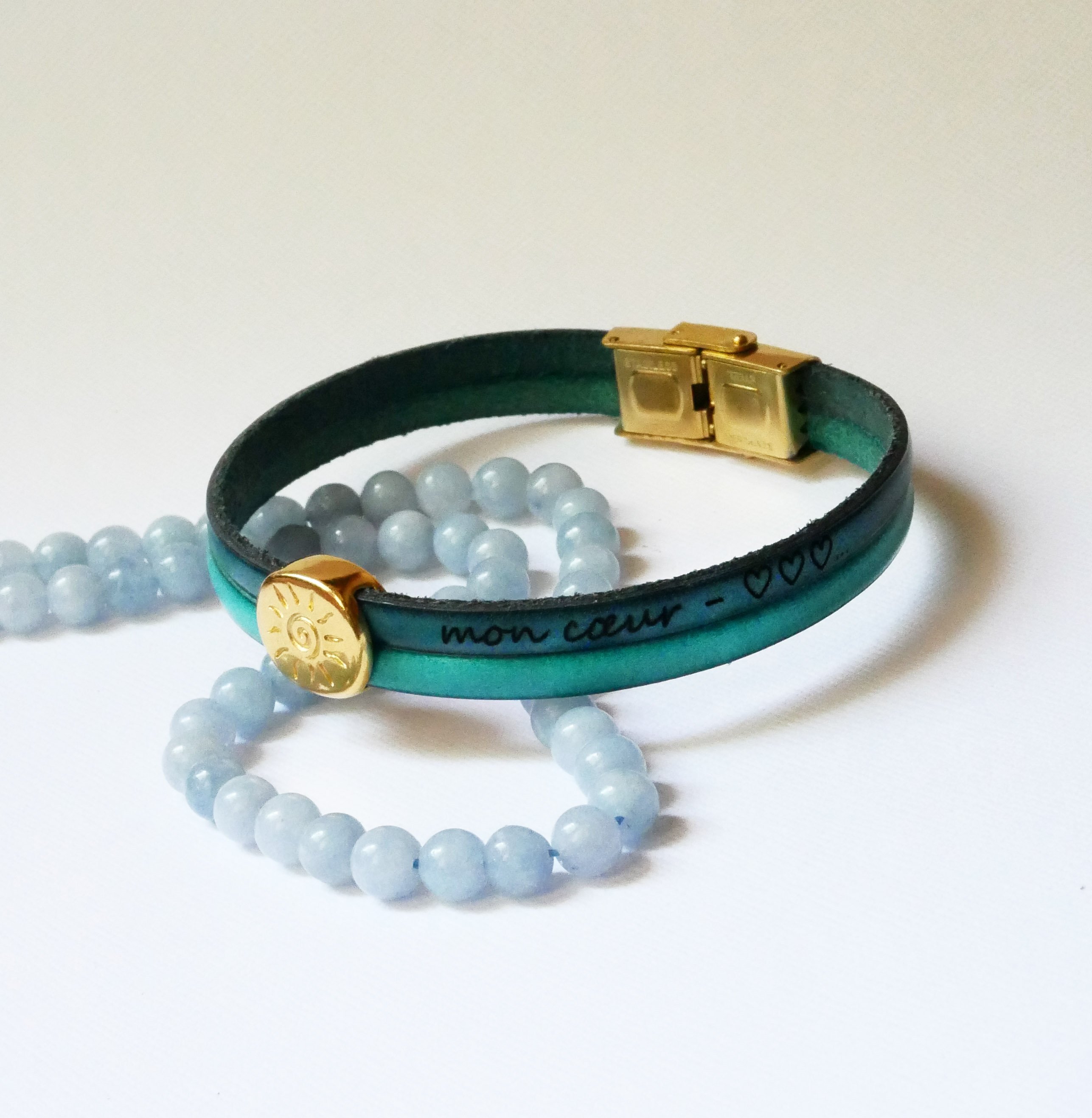 Soleil gold-plated bangle on leather duo to personalize and engrave