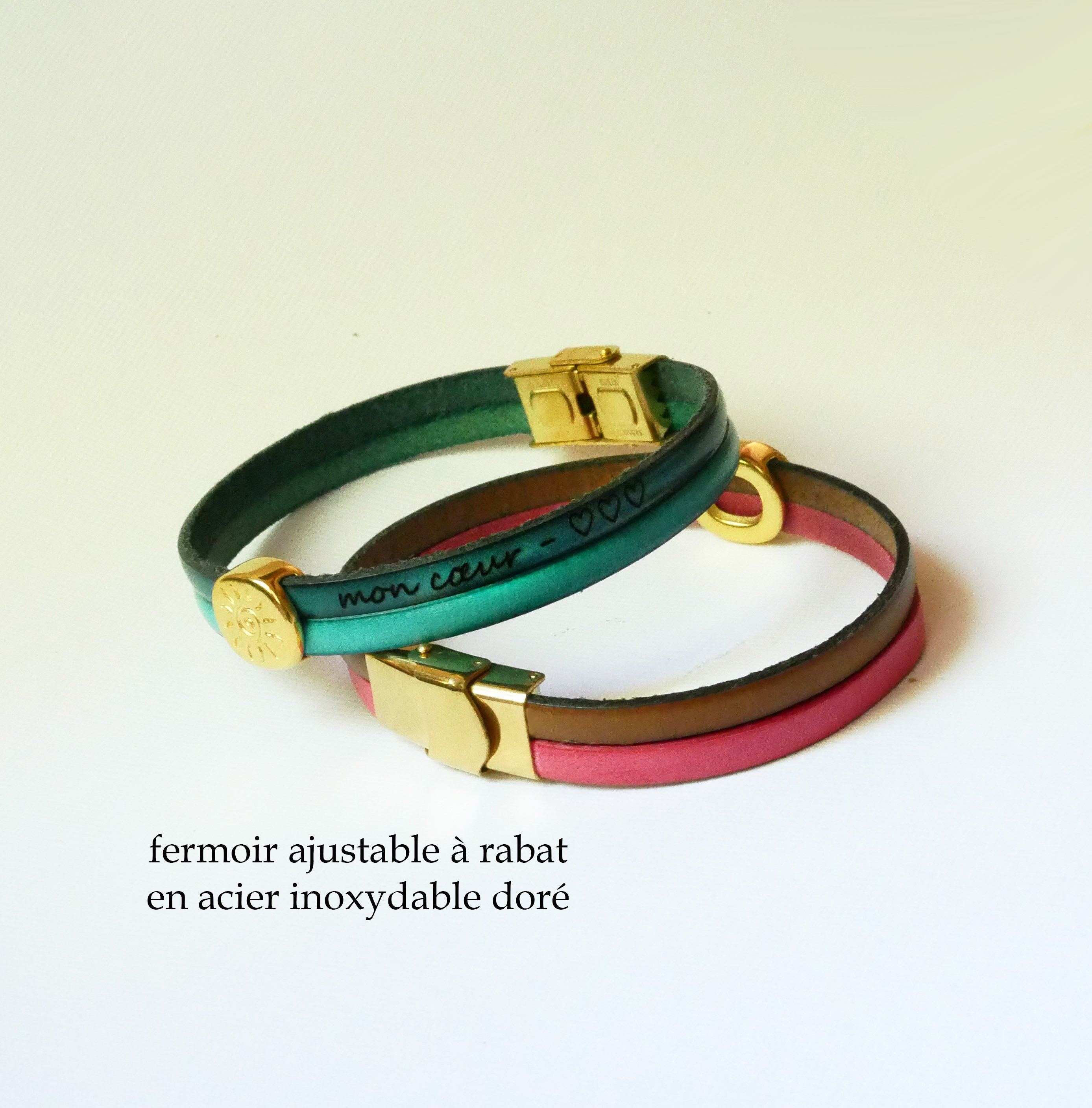 Soleil gold-plated bangle on leather duo to personalize and engrave