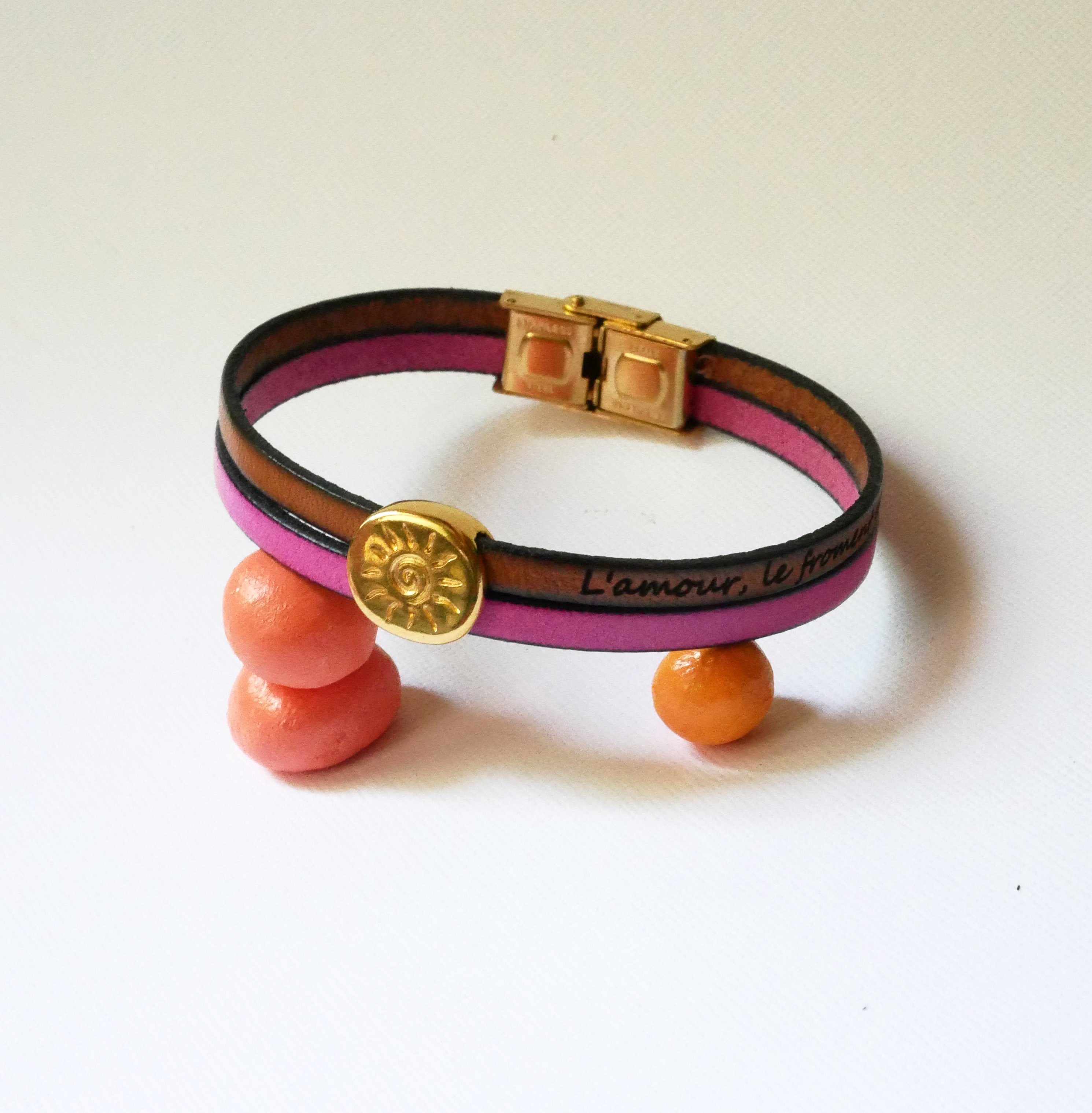 Soleil gold-plated bangle on leather duo to personalize and engrave
