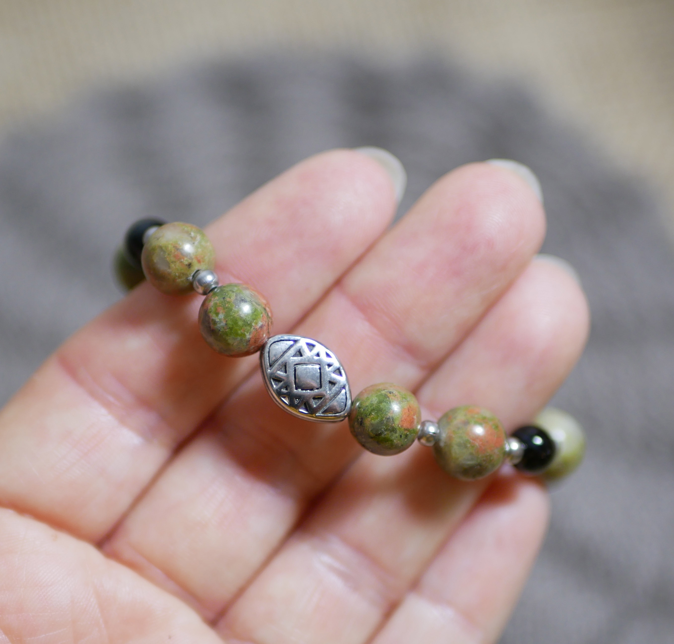 Oblong steel bead bracelet with unakite natural stone beads 