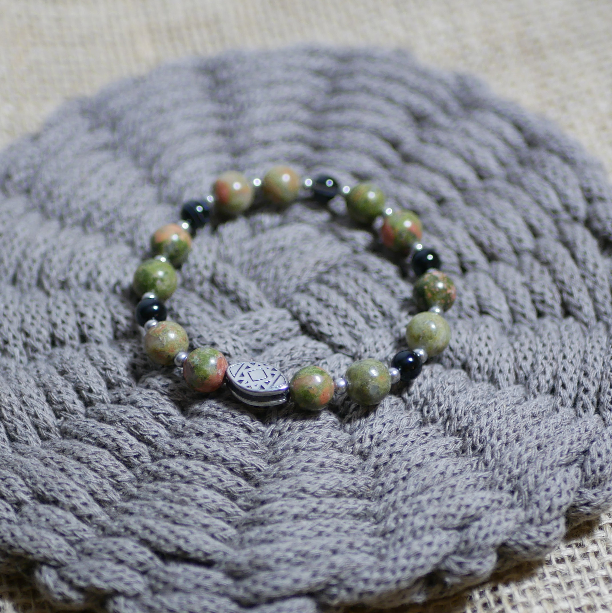 Oblong steel bead bracelet with unakite natural stone beads 