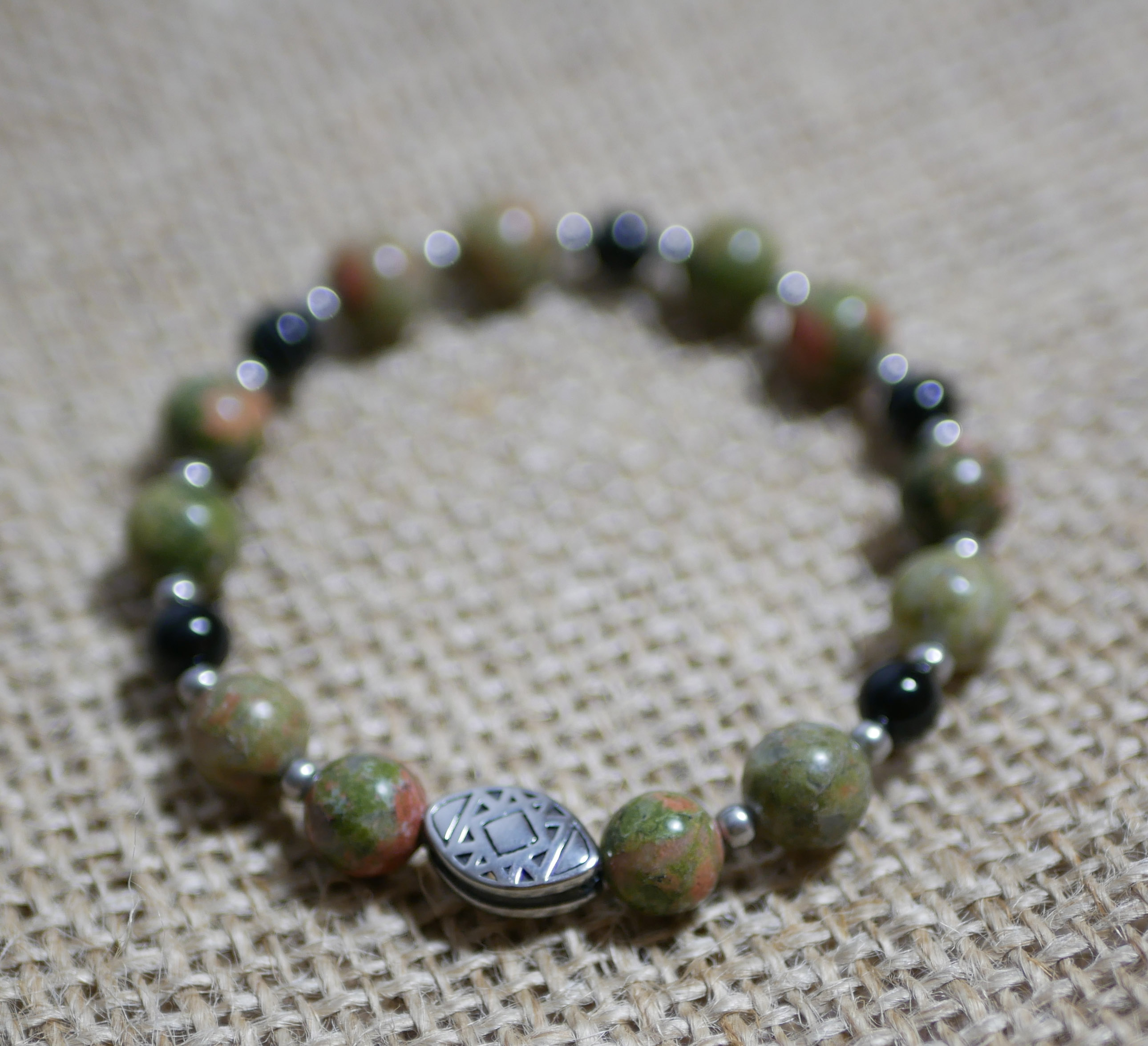 Oblong steel bead bracelet with unakite natural stone beads 