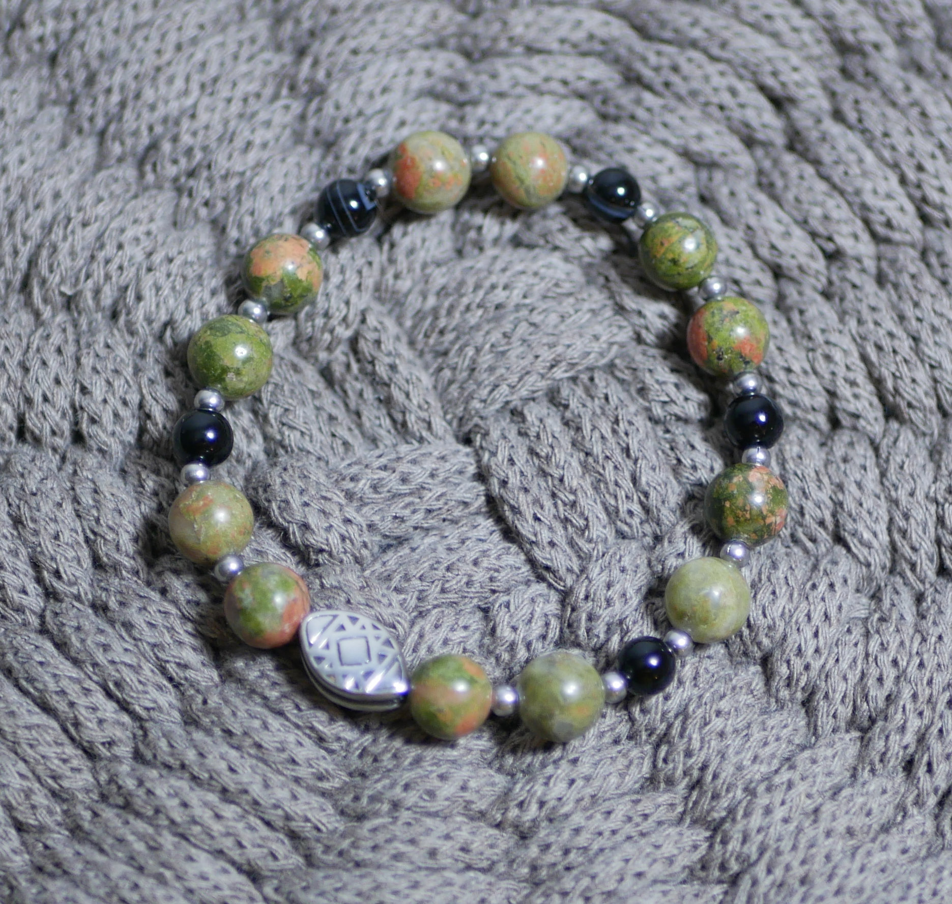 Oblong steel bead bracelet with unakite natural stone beads 