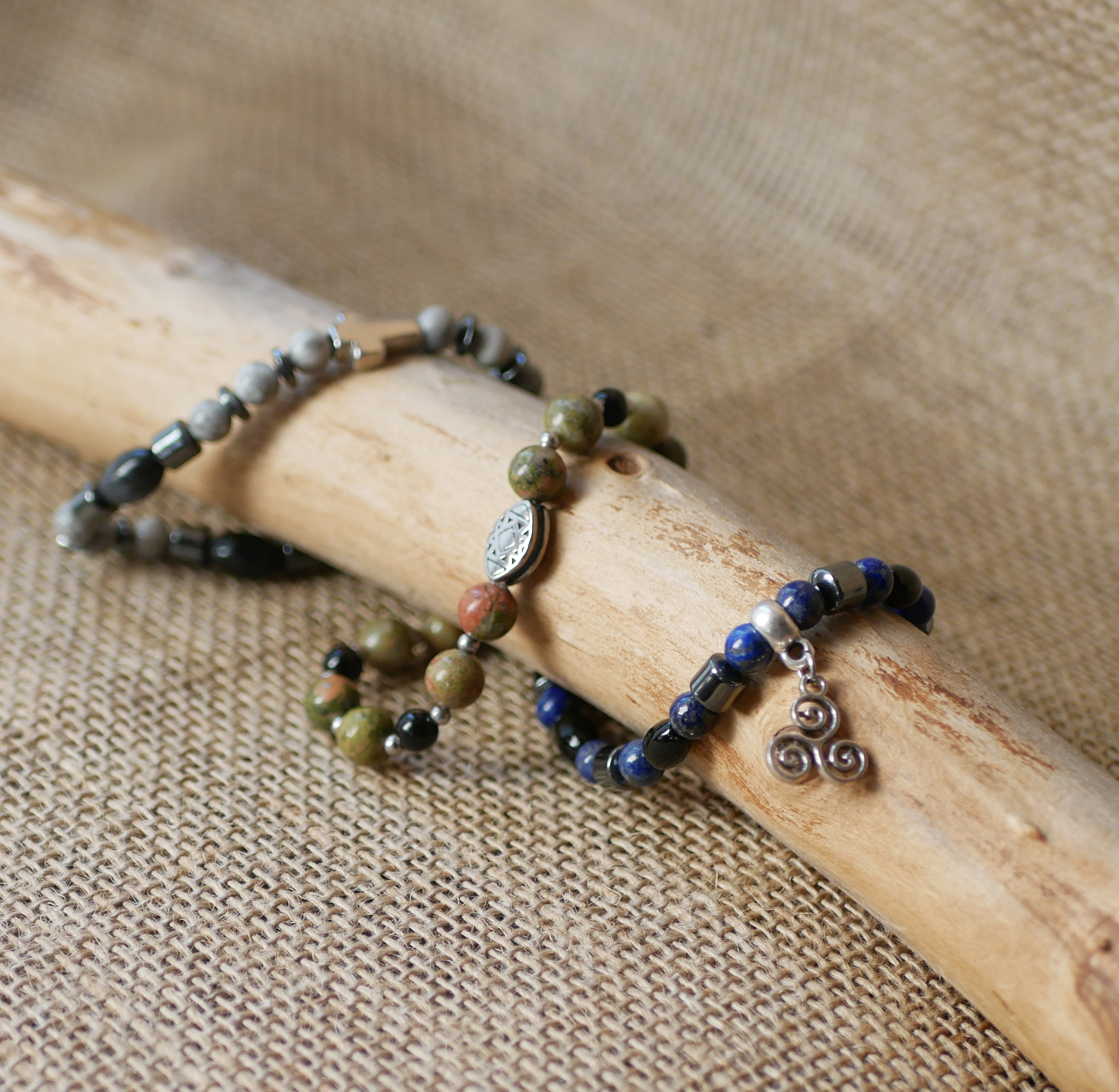 Oblong steel bead bracelet with unakite natural stone beads 