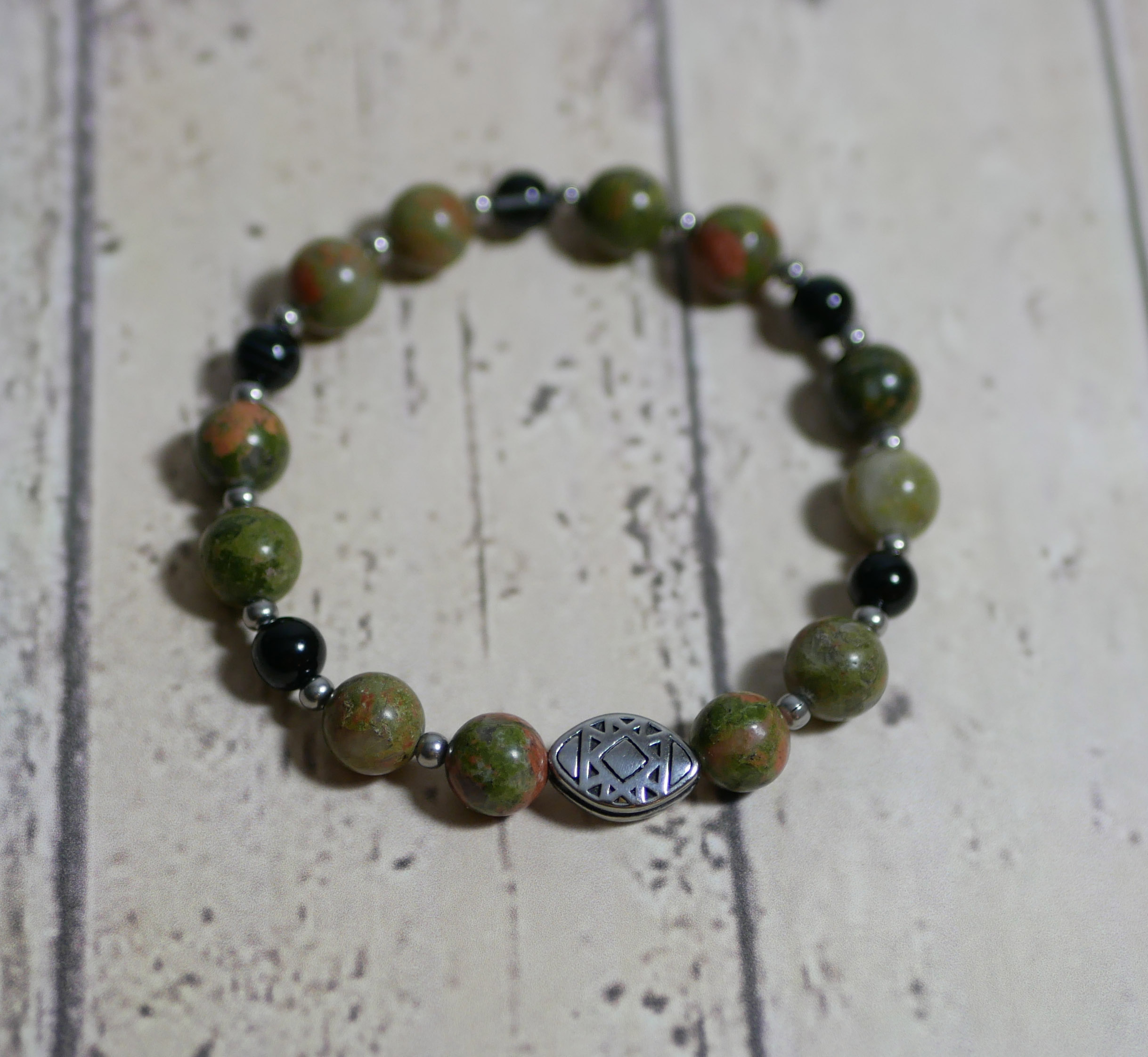 Oblong steel bead bracelet with unakite natural stone beads 