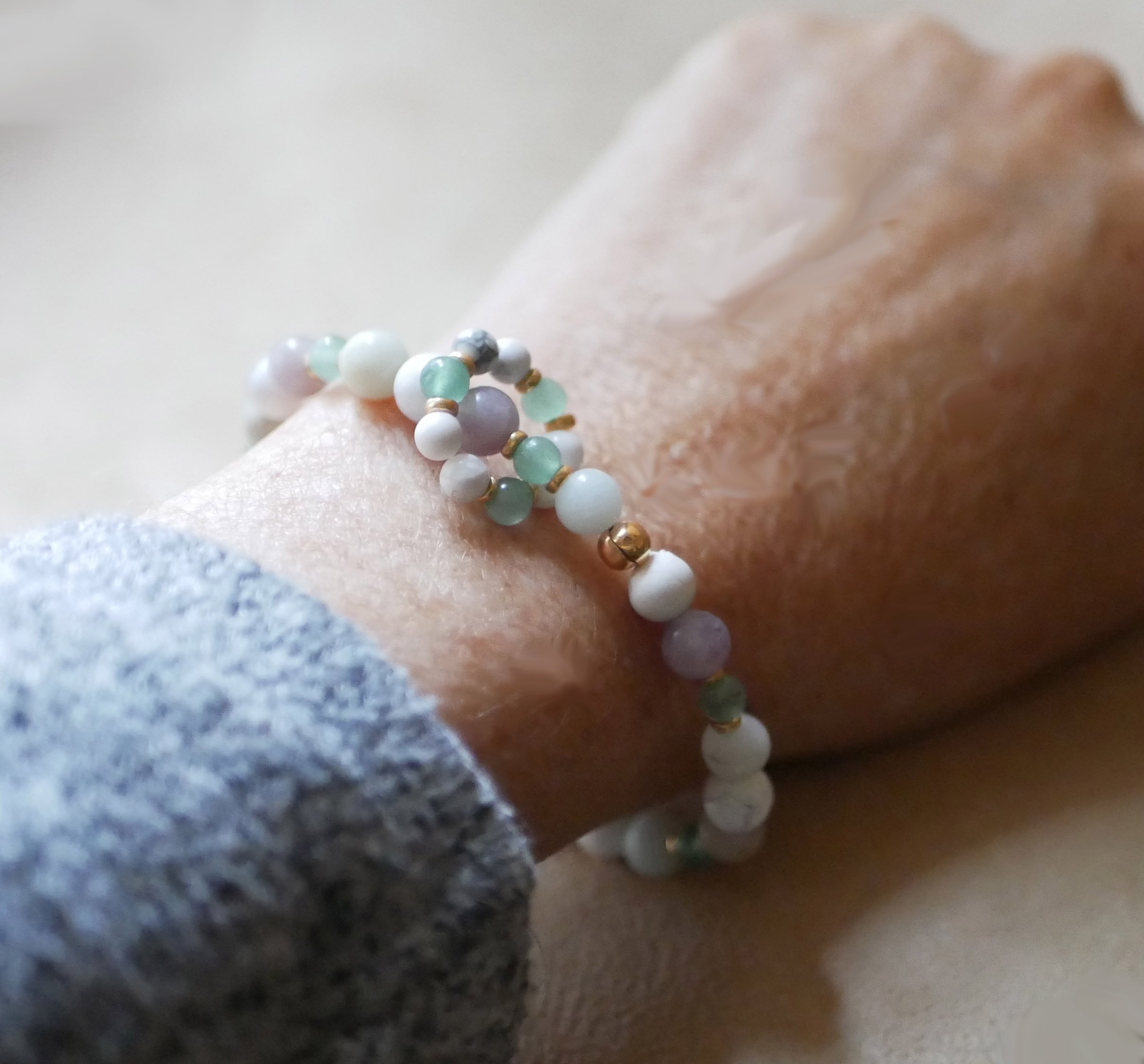 Aventurine natural stone beads bracelet with mini beads ring