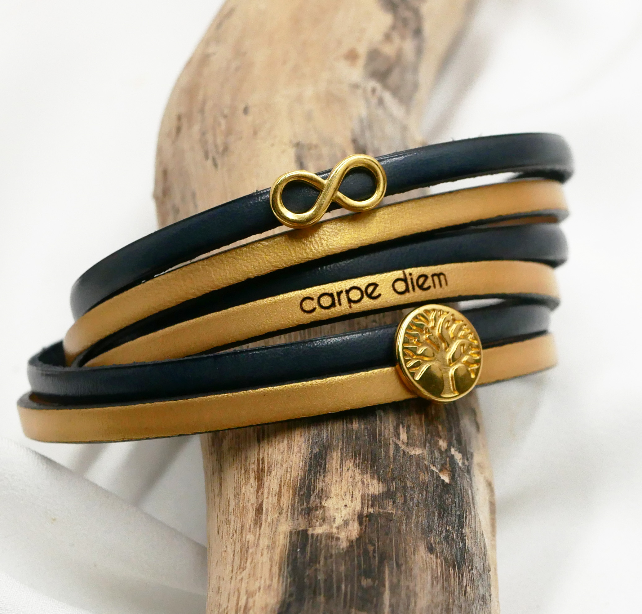 Multi-turn infinity symbol leather bracelet with gold tree of life cabochon to personalize  