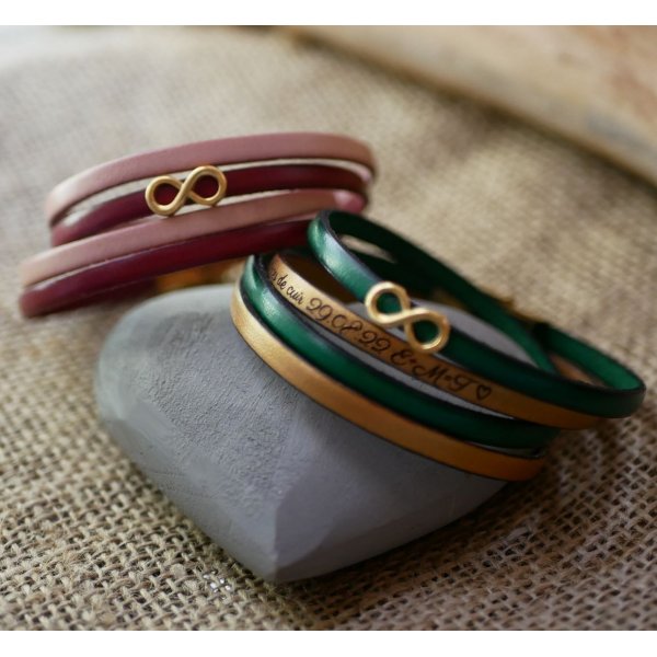 Golden infinity symbol bracelet gift for Mom in 2 leathers to personalize  