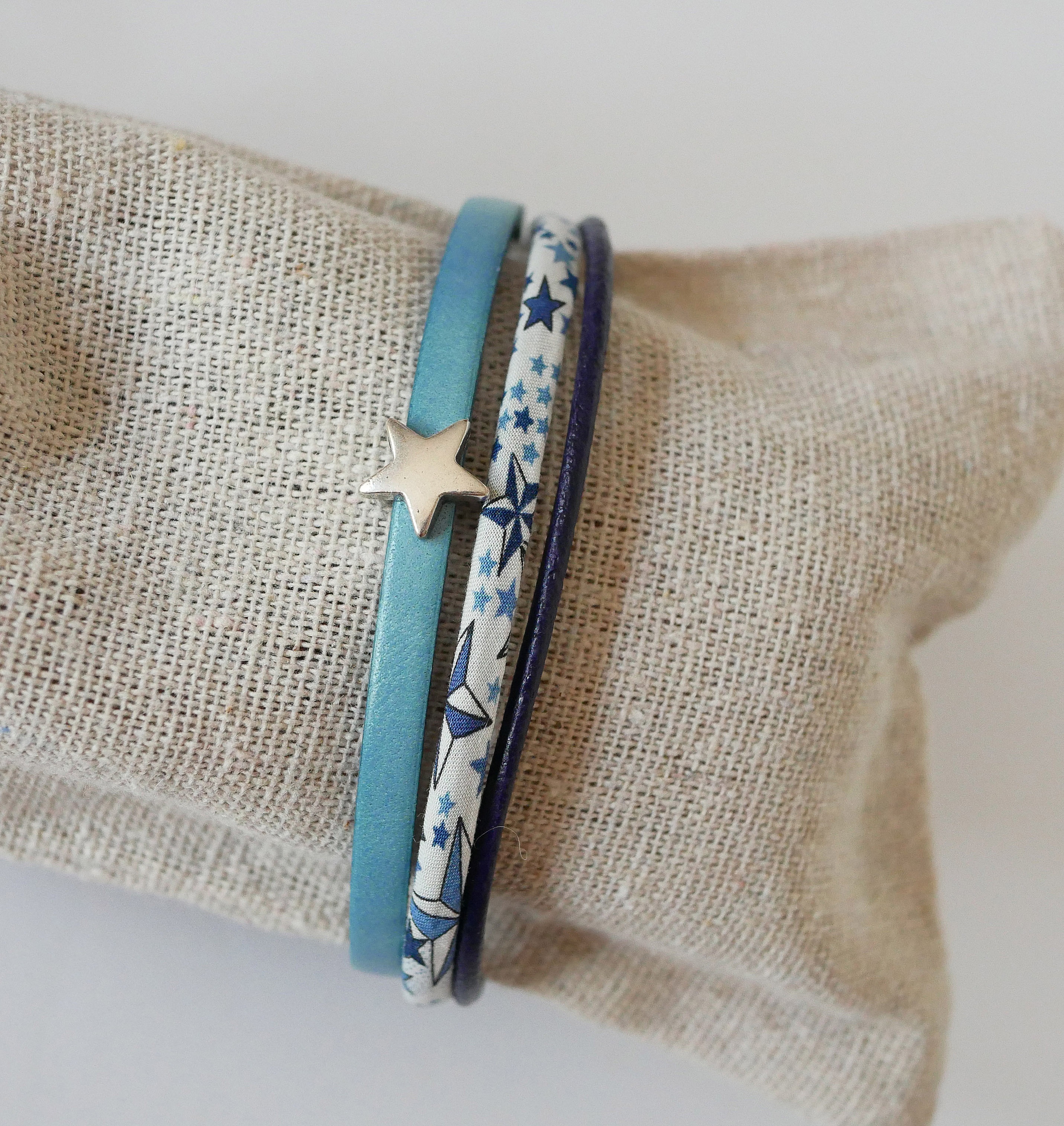 Trio of leathers and Liberty cord bracelet blue stars