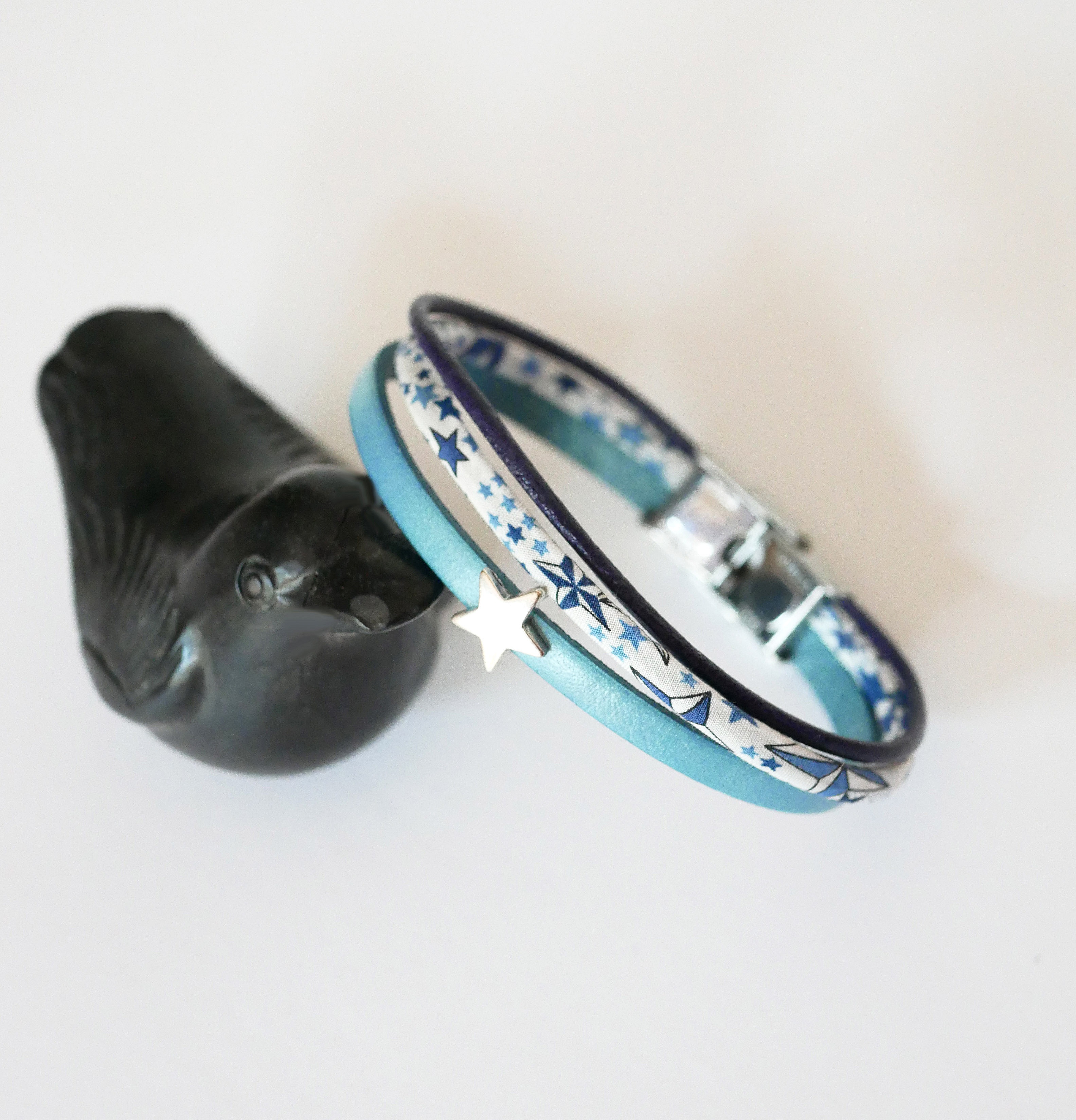 Trio of leathers and Liberty cord bracelet blue stars
