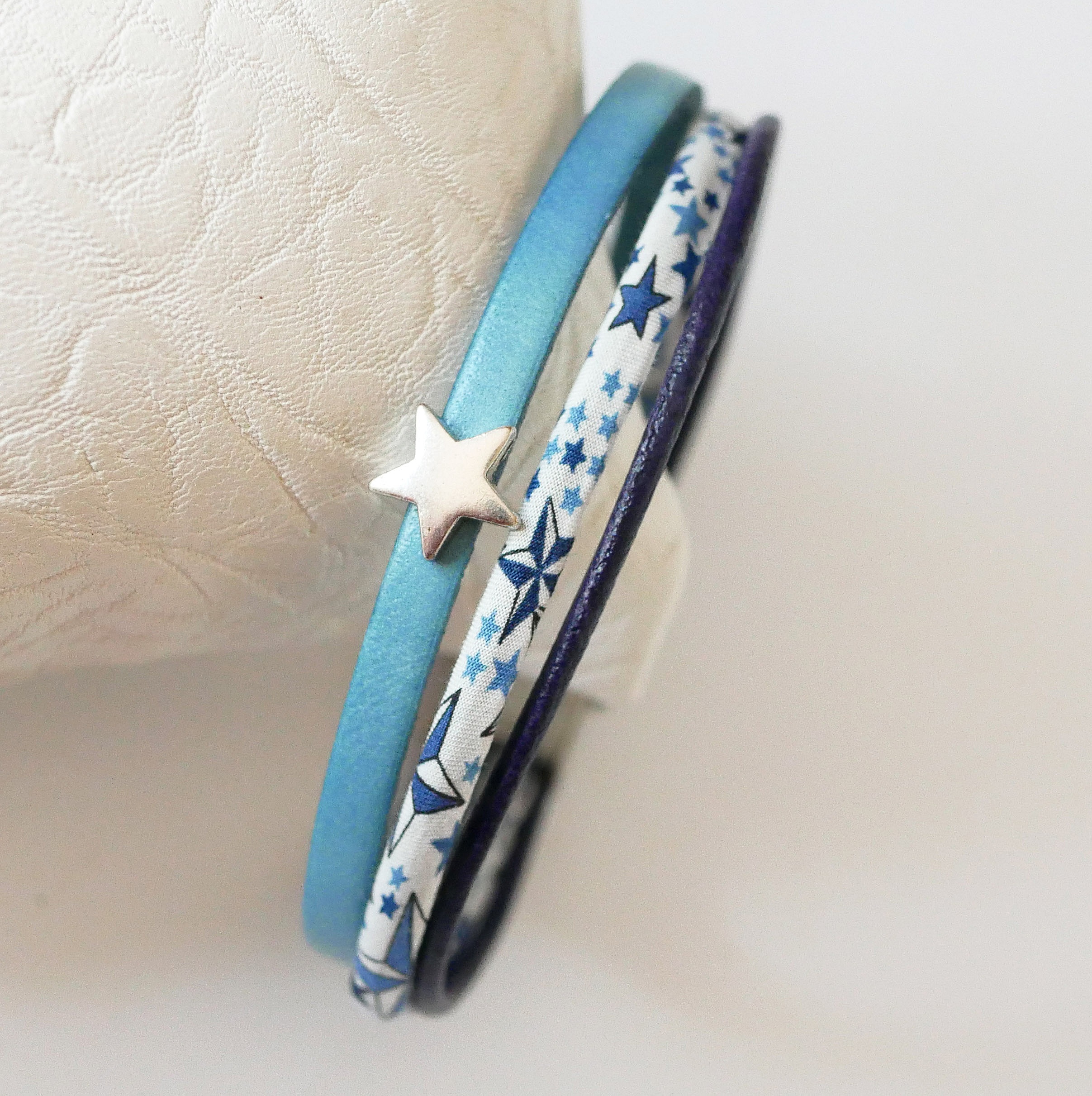Trio of leathers and Liberty cord bracelet blue stars