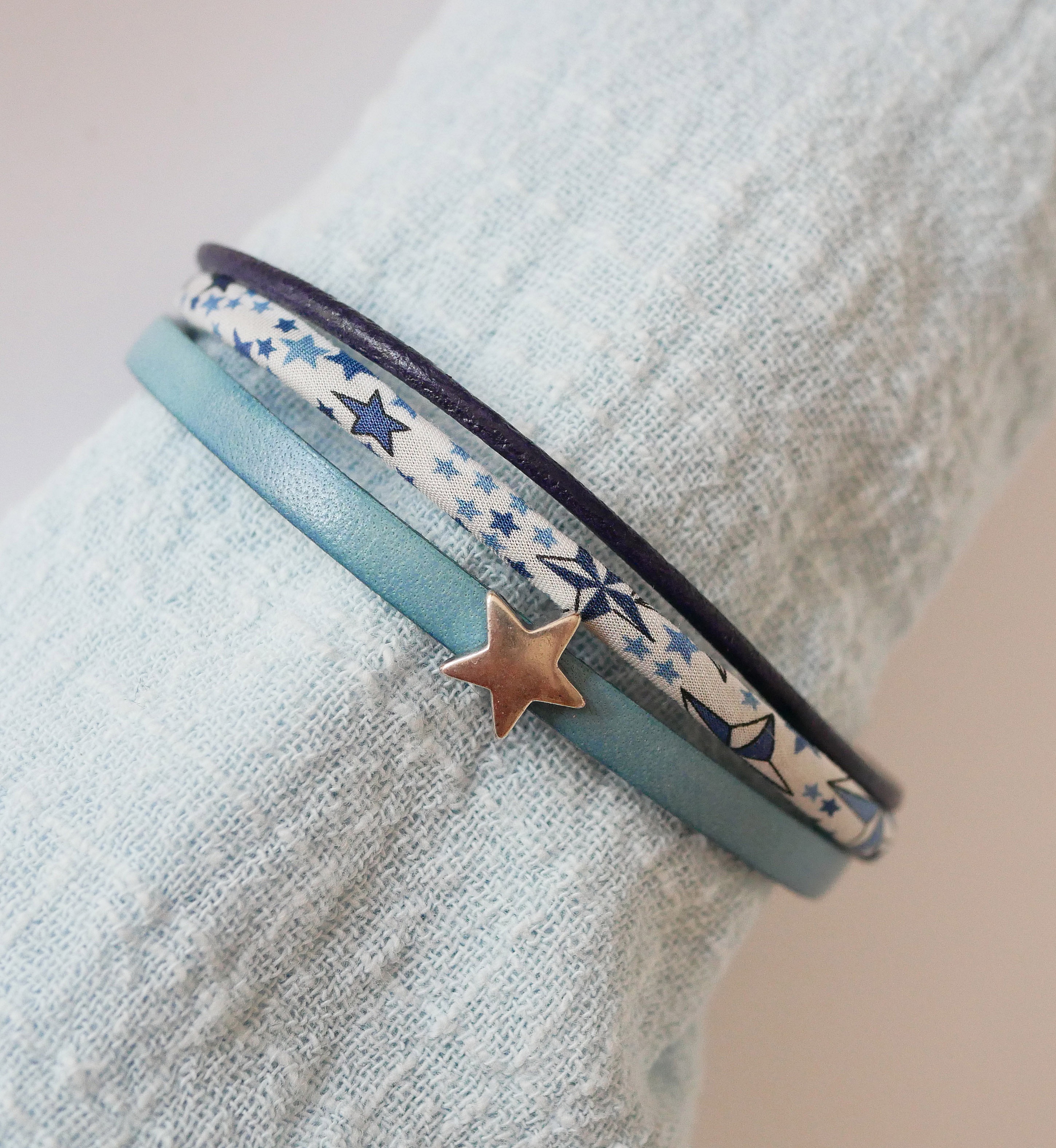 Trio of leathers and Liberty cord bracelet blue stars