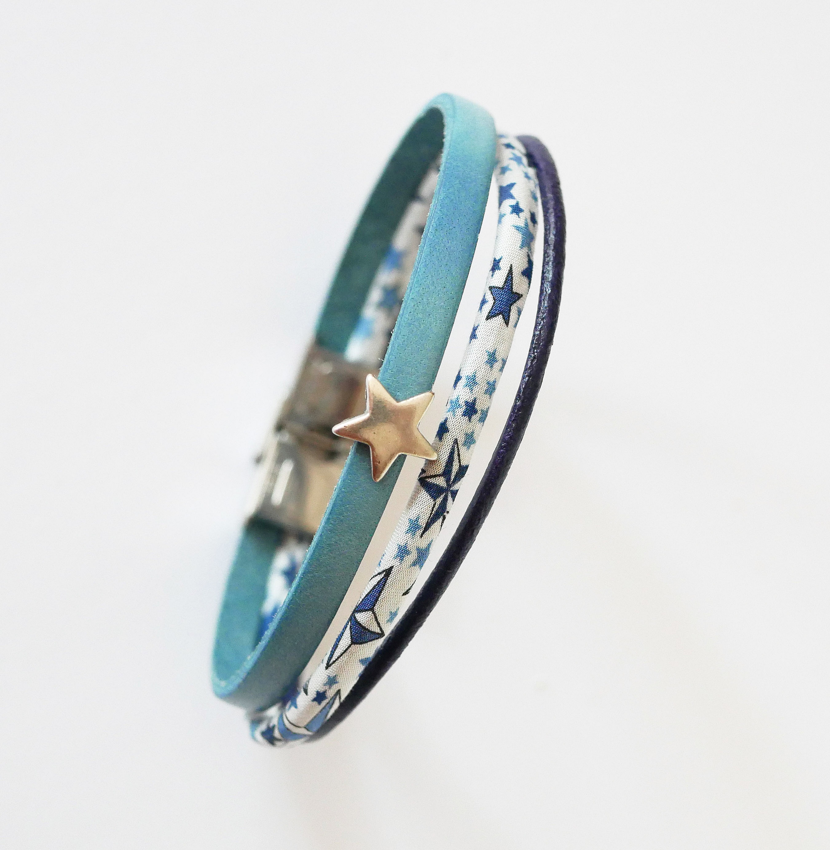 Trio of leathers and Liberty cord bracelet blue stars