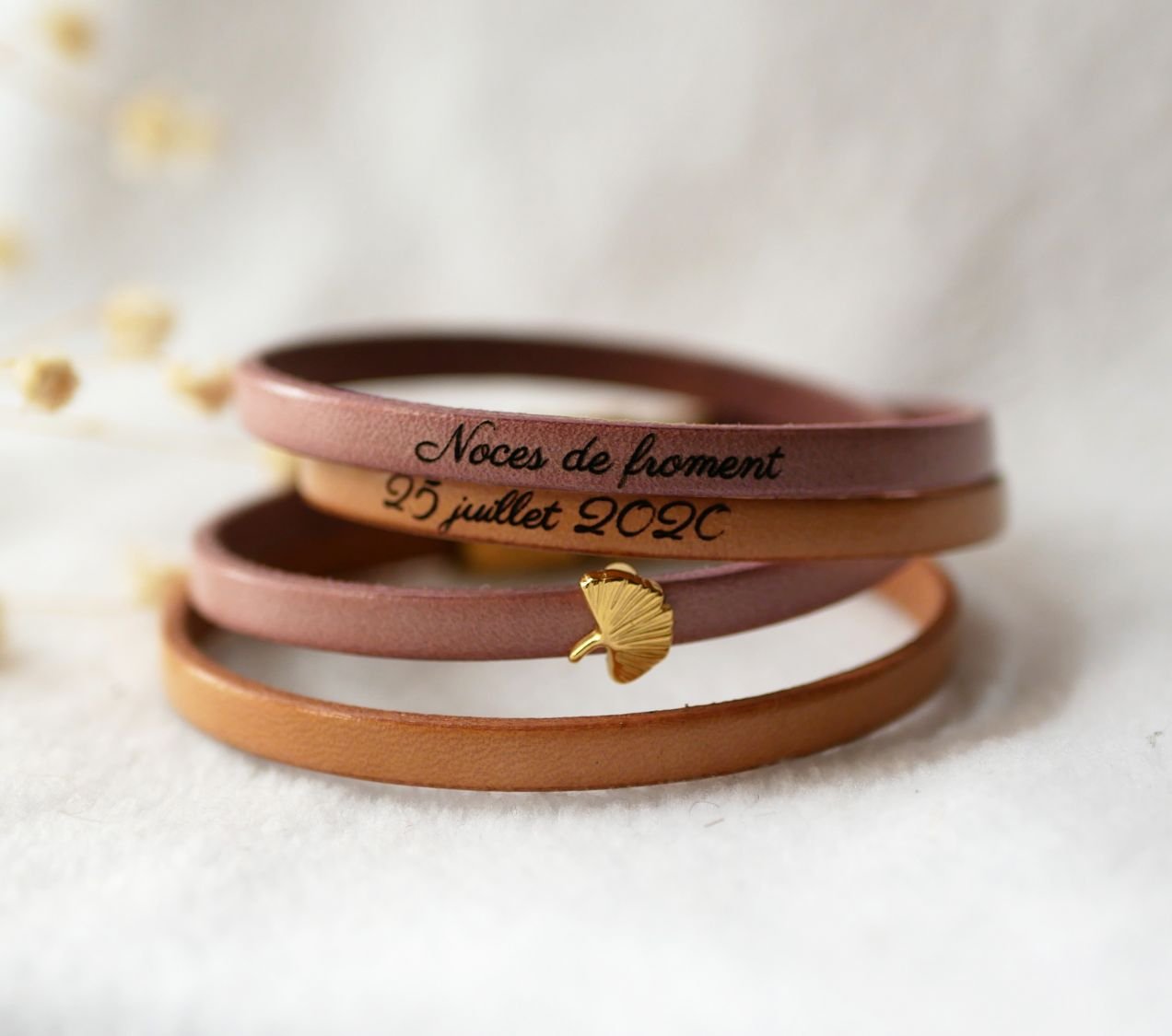 Zen leather bracelet in duo of colors customizable with golden ginkgo 