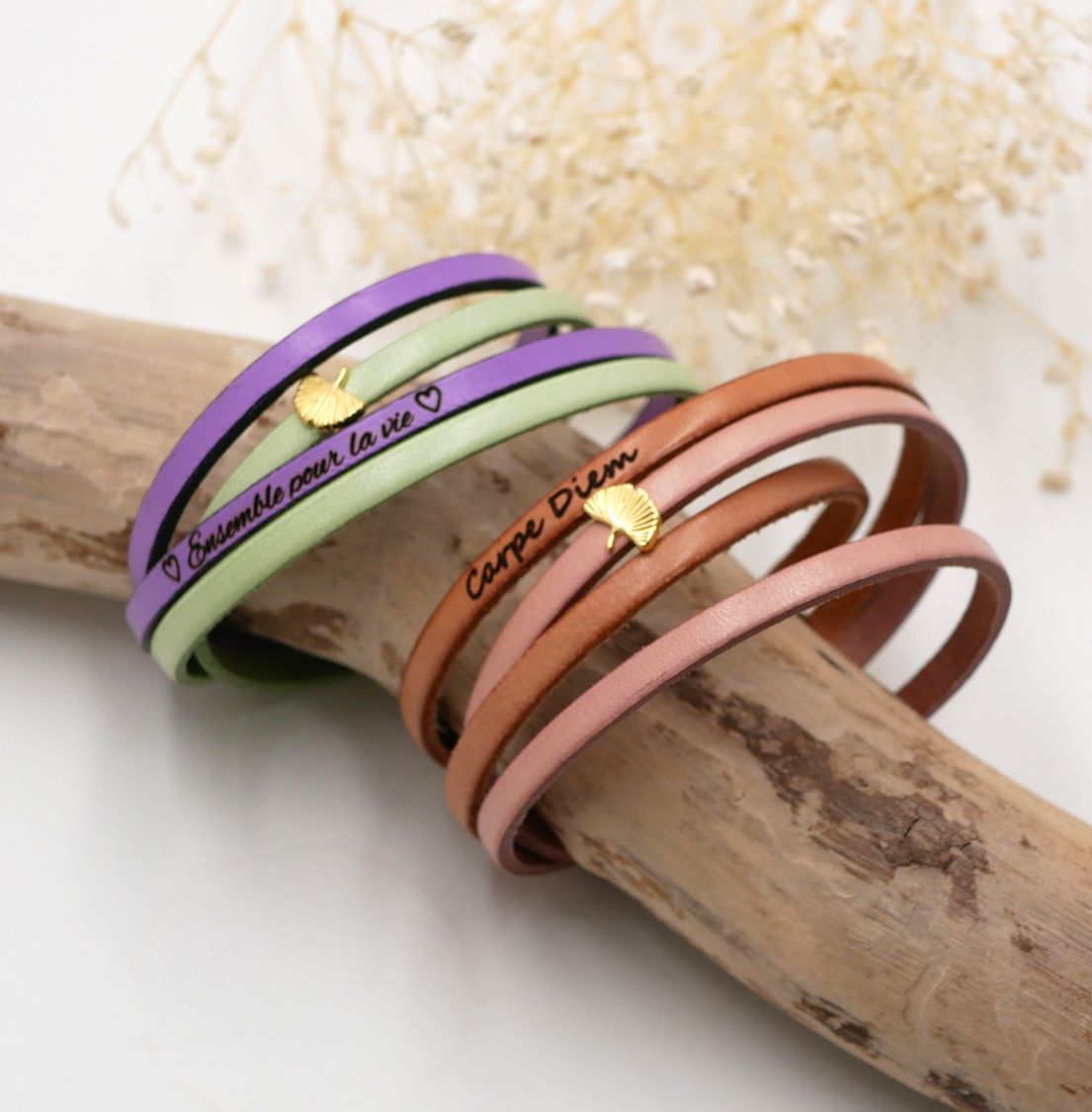 Zen leather bracelet in duo of colors customizable with golden ginkgo 