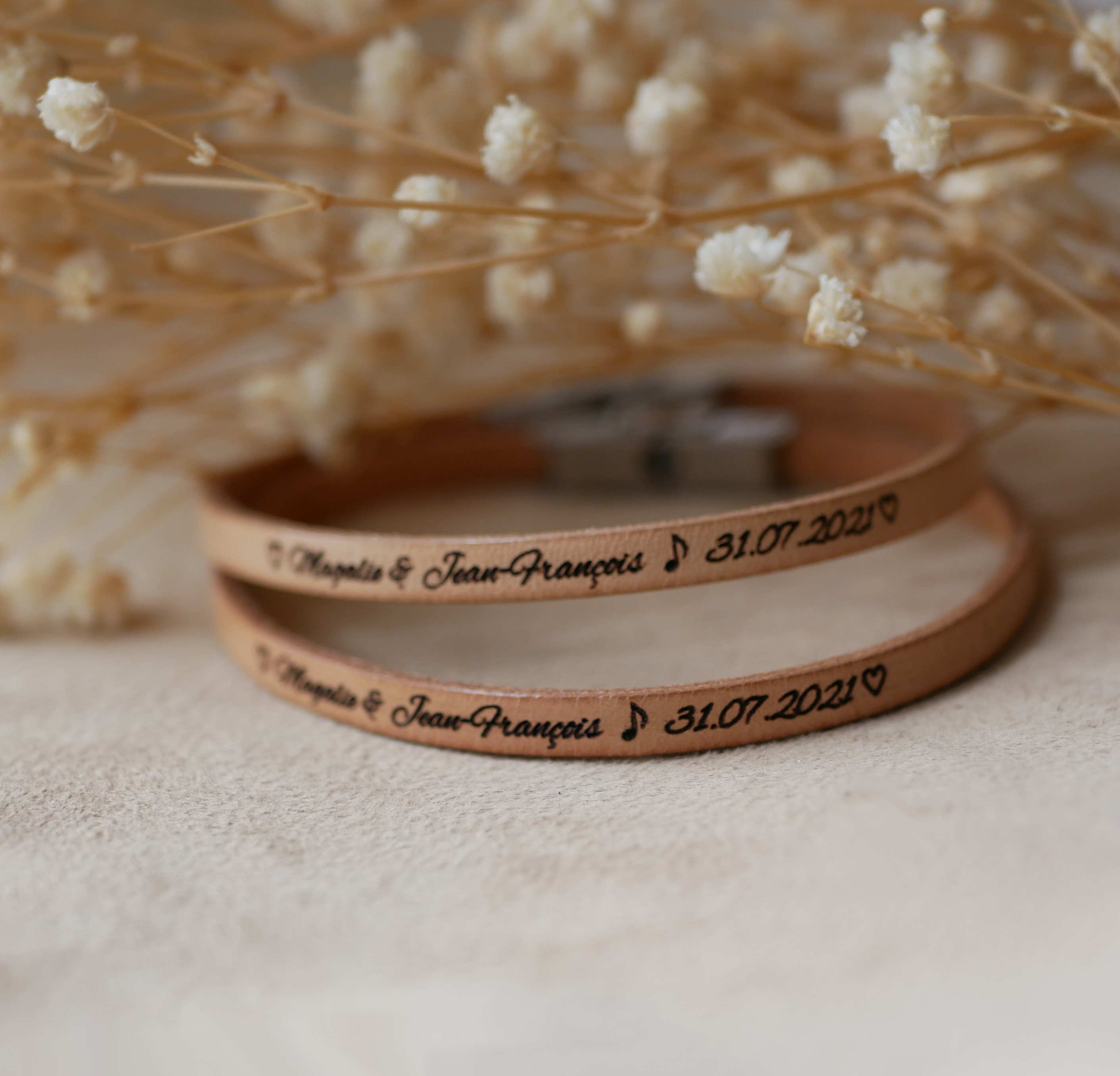 Gift for a couple 2 personalized leather bracelets with the same engraving 