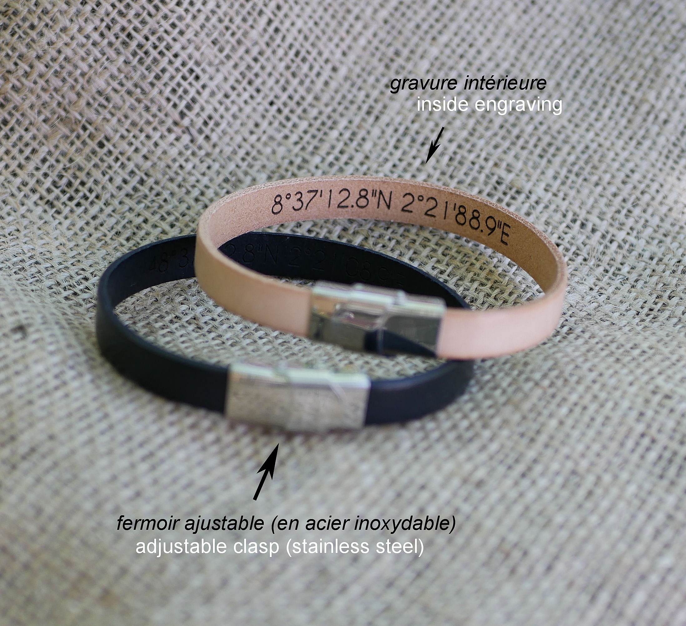 Bracelets en cuir personnalisables avec gravure et fermoir ajustable.