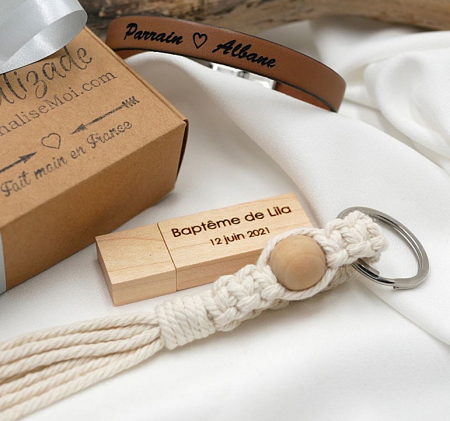 Gift box for men engraved usb key + customizable leather bracelet + macram&eacute; key ring 