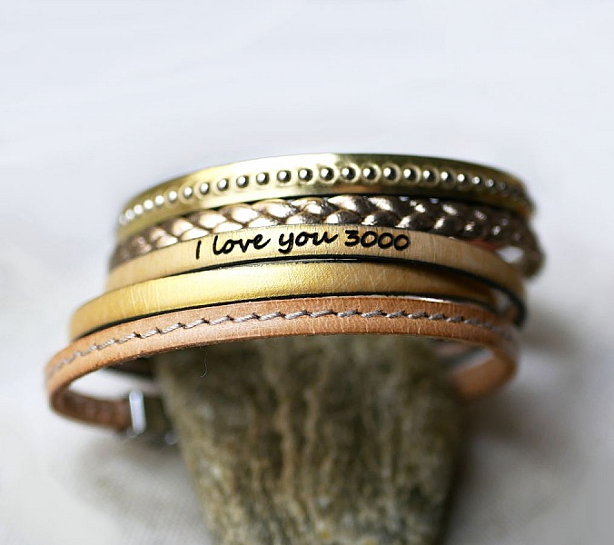 Stackable leather bracelets set, customizable in gold and metallic tones