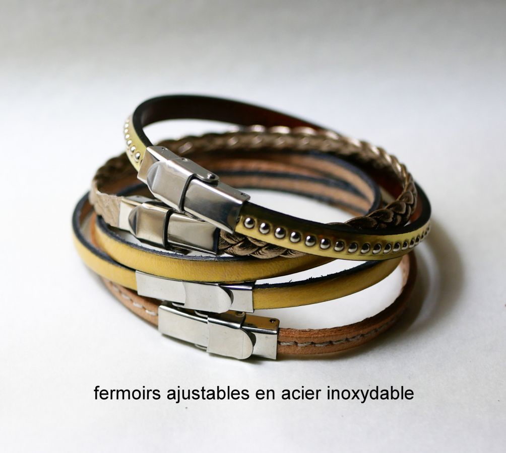 Stackable leather bracelets set, customizable in gold and metallic tones