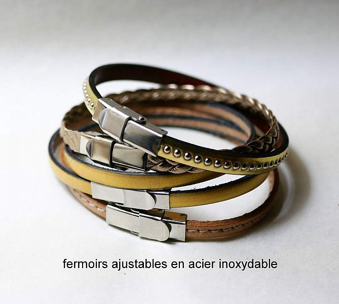 Stackable leather bracelets set, customizable in gold and metallic tones