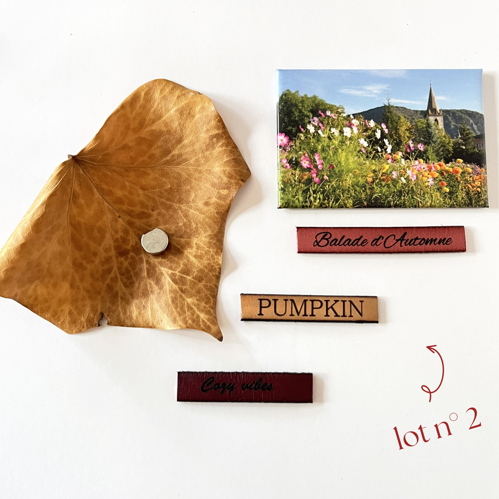 Ensemble magnets en cuir grav&eacute; th&egrave;me automne 