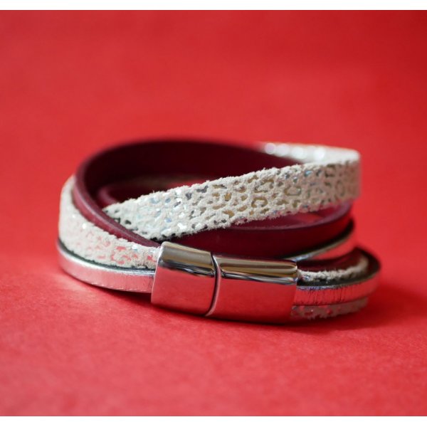 Customized white, silver and red leather double-turn cuff bracelet  
