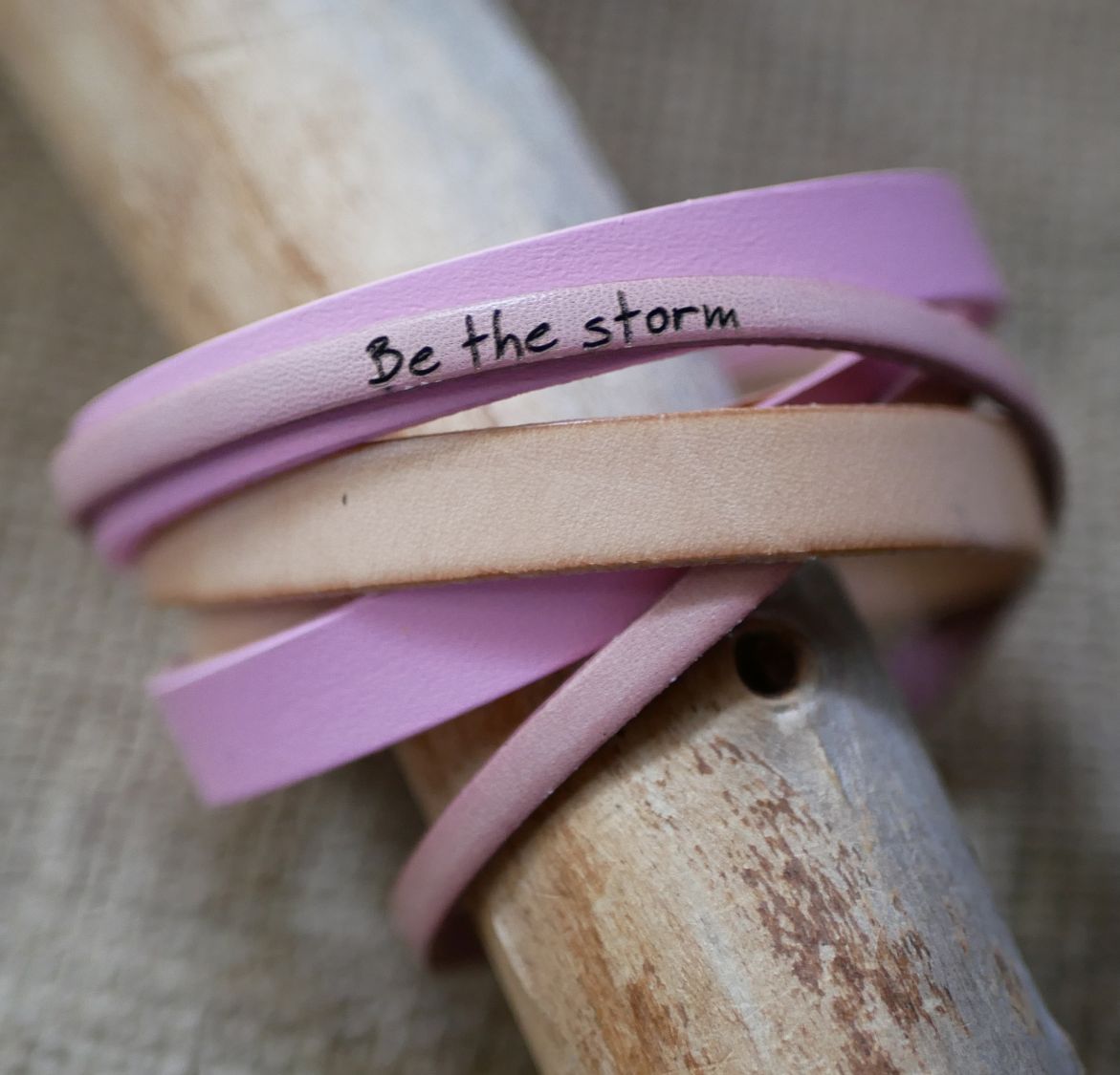 Personalized pink leather double turn cuff bracelet  