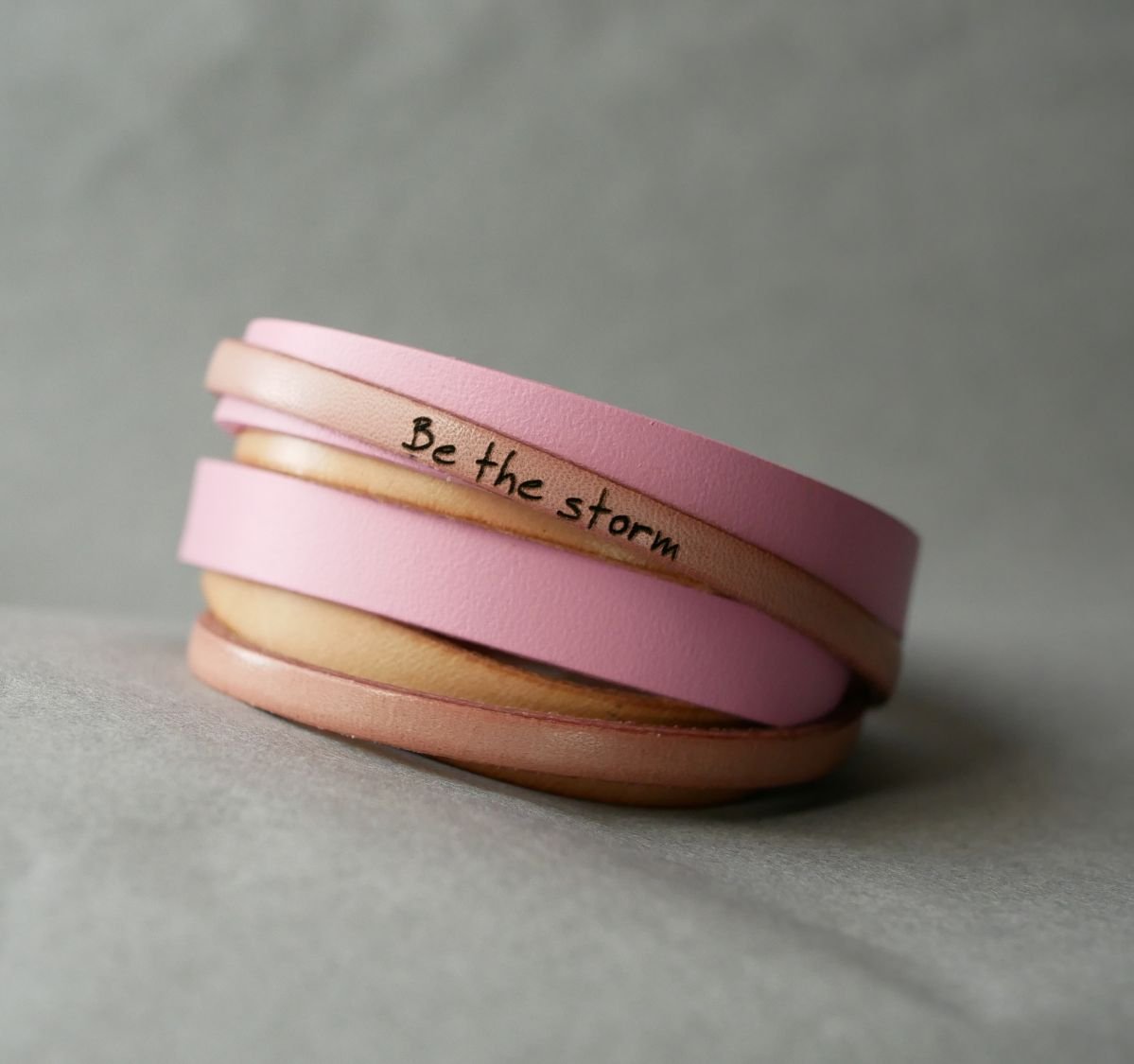 Personalized pink leather double turn cuff bracelet  