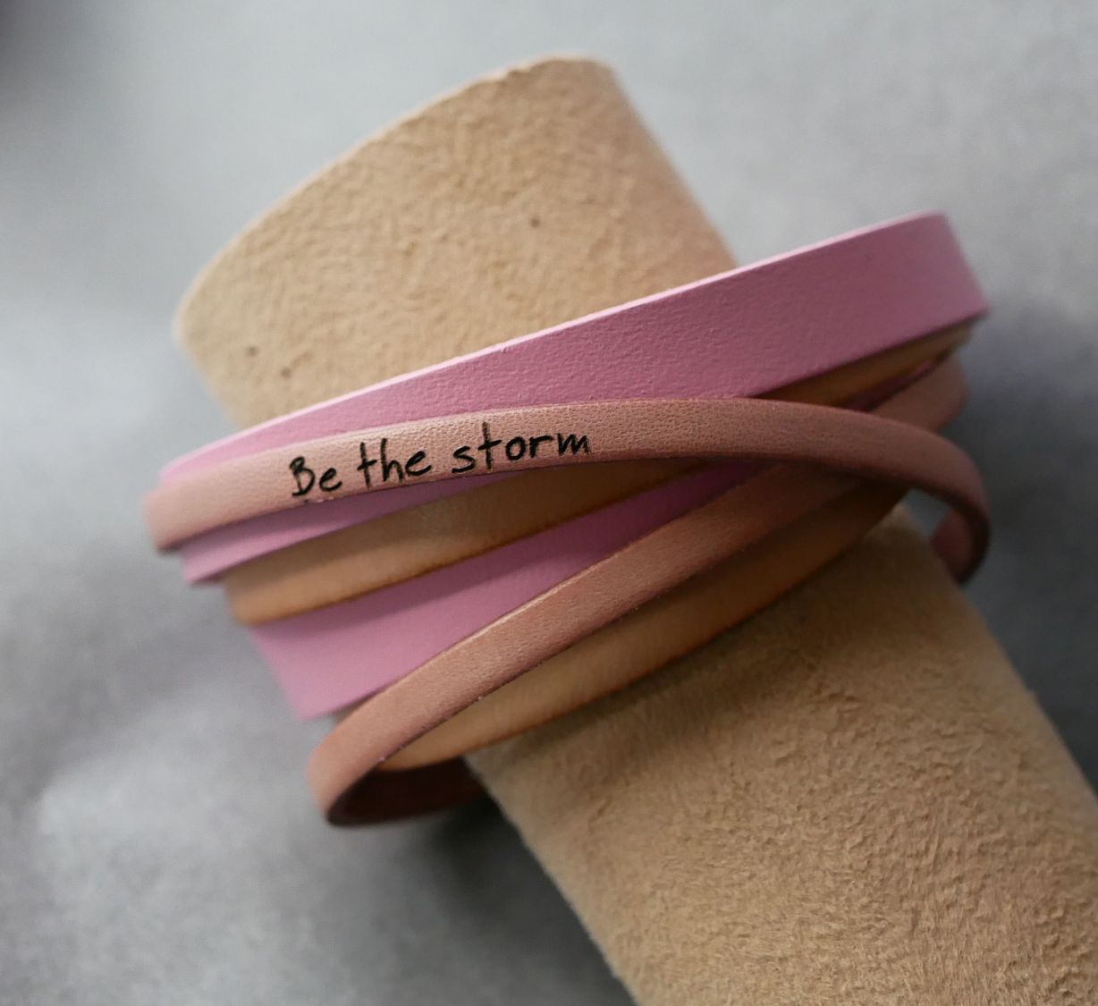 Personalized pink leather double turn cuff bracelet  