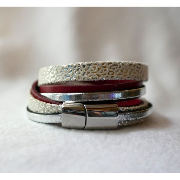 Customized white, silver and red leather double-turn cuff bracelet  