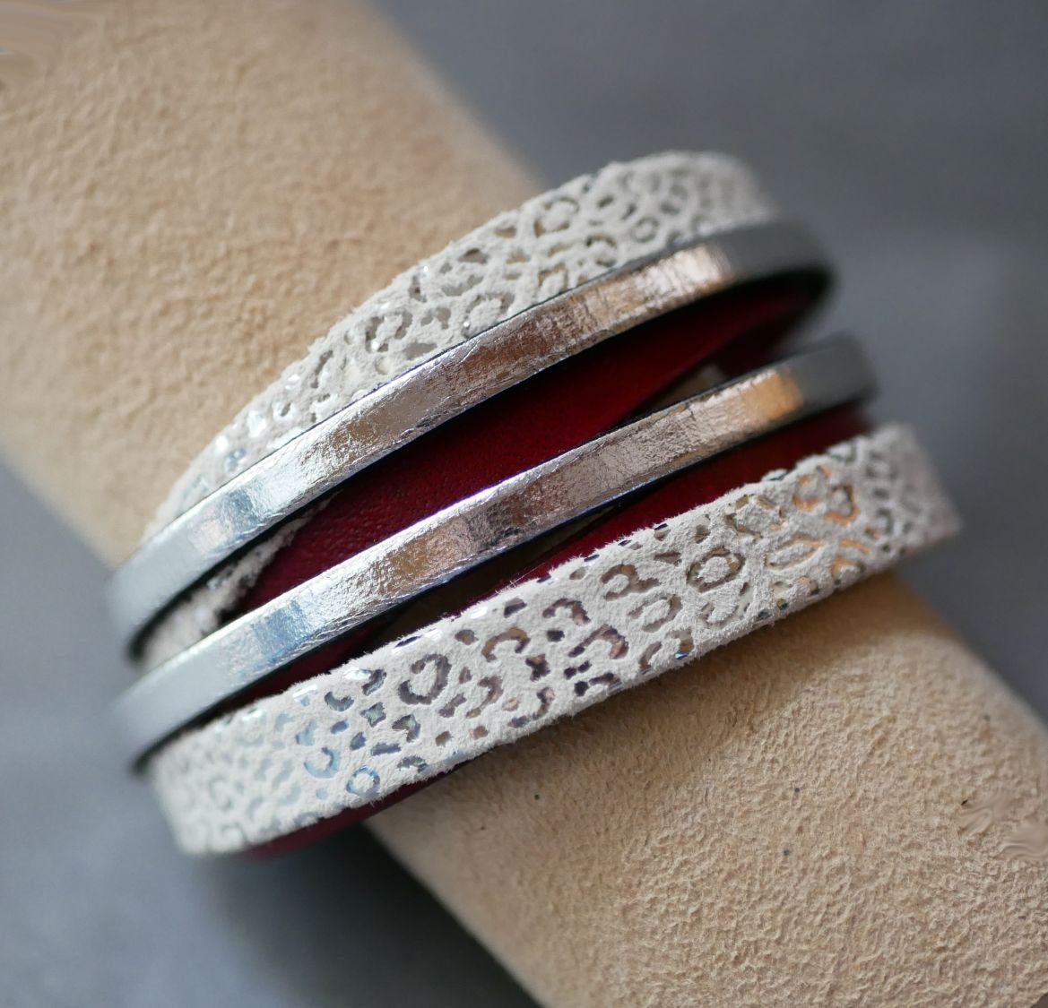 Customized white, silver and red leather double-turn cuff bracelet  