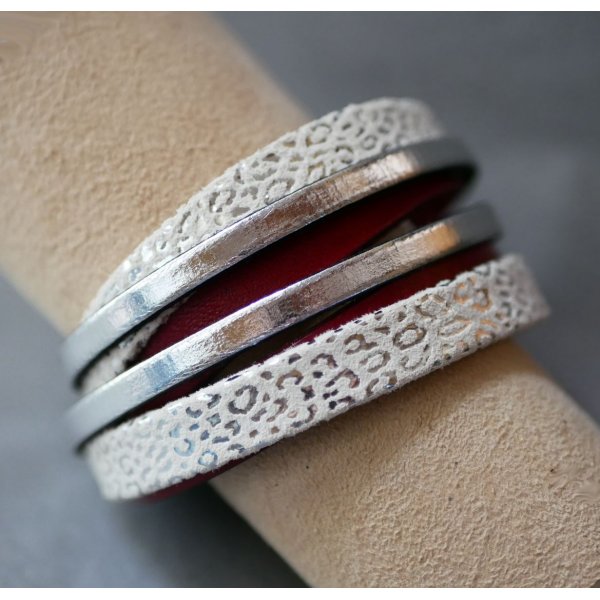 Customized white, silver and red leather double-turn cuff bracelet  