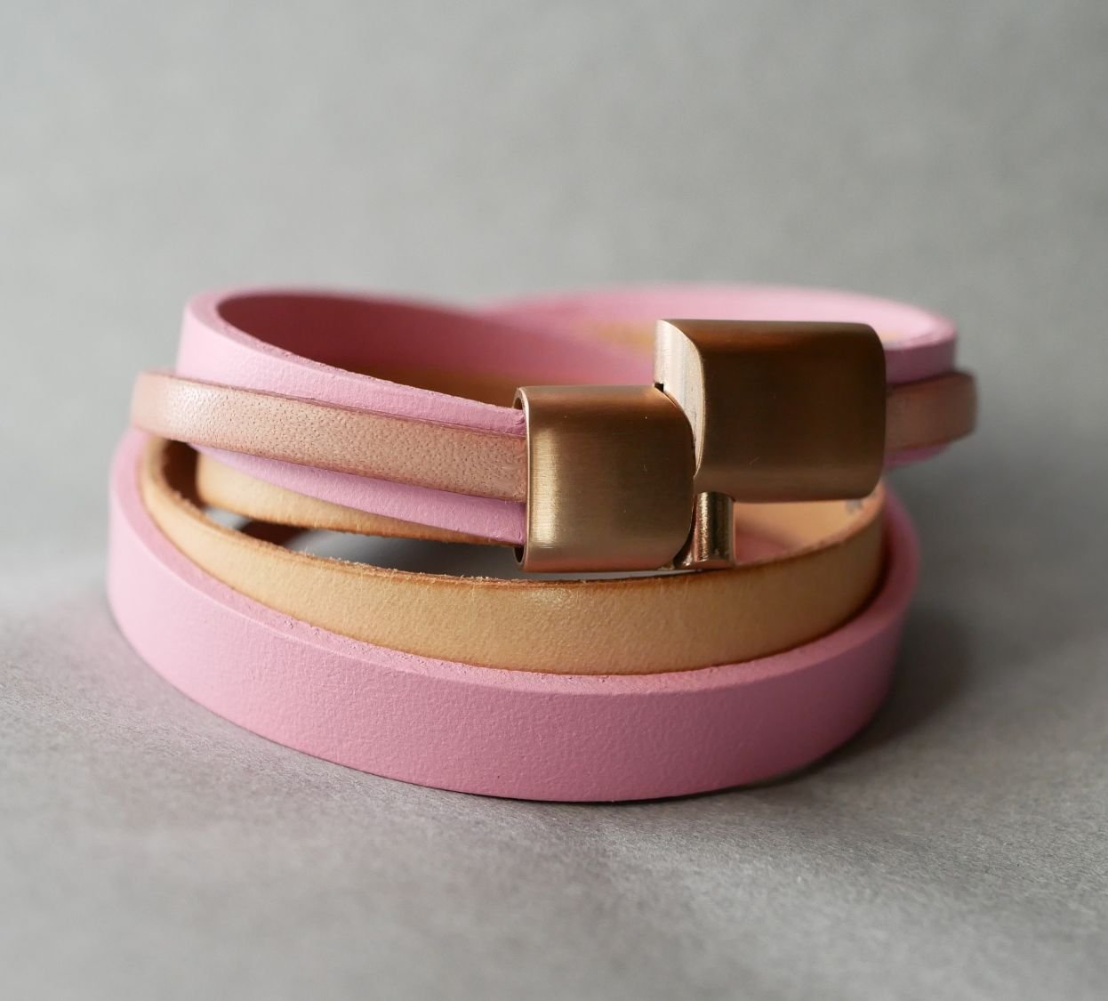 Personalized pink leather double turn cuff bracelet  