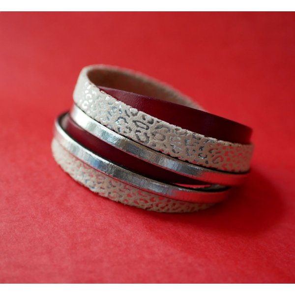 Customized white, silver and red leather double-turn cuff bracelet  