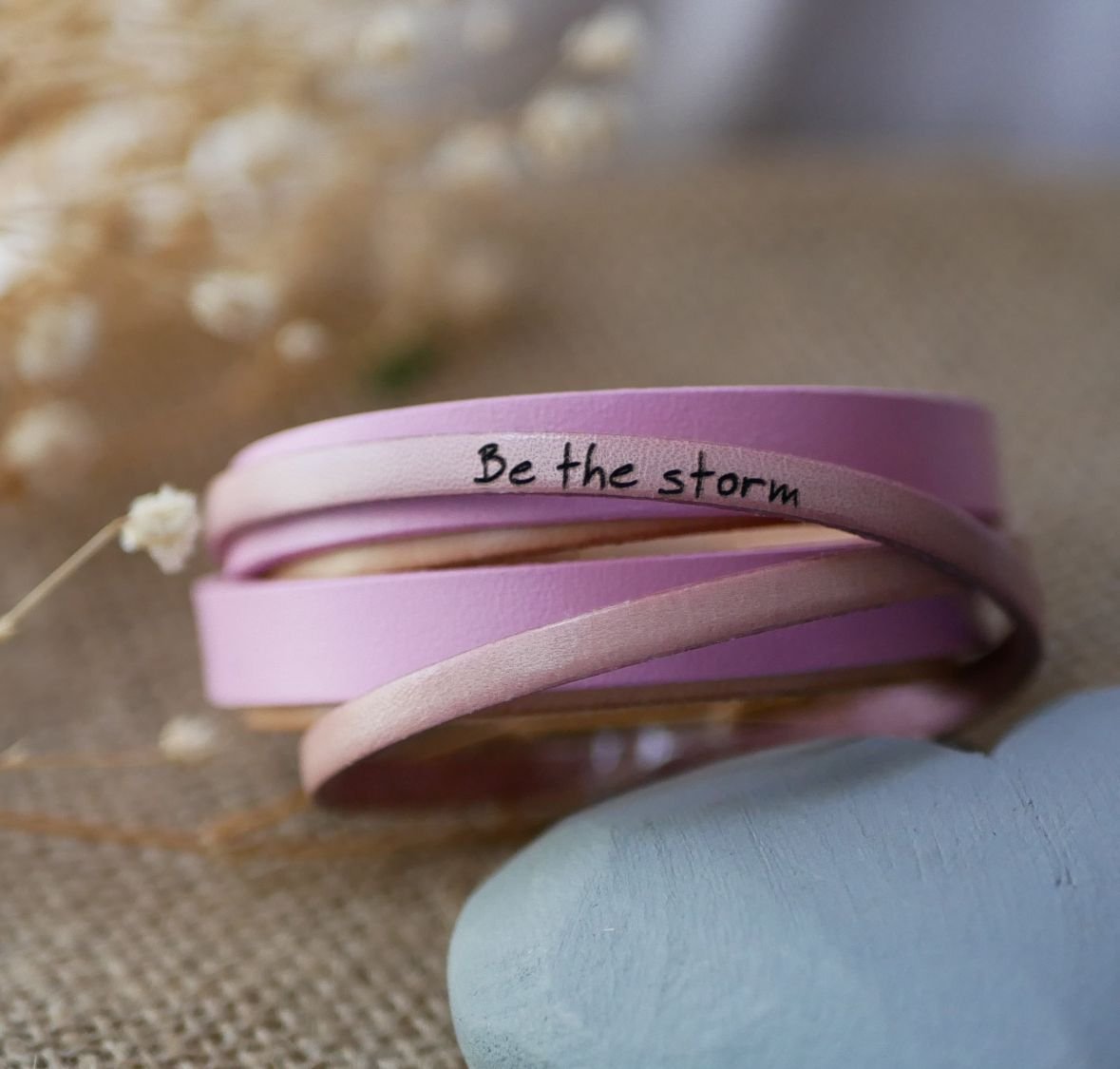 Personalized pink leather double turn cuff bracelet  