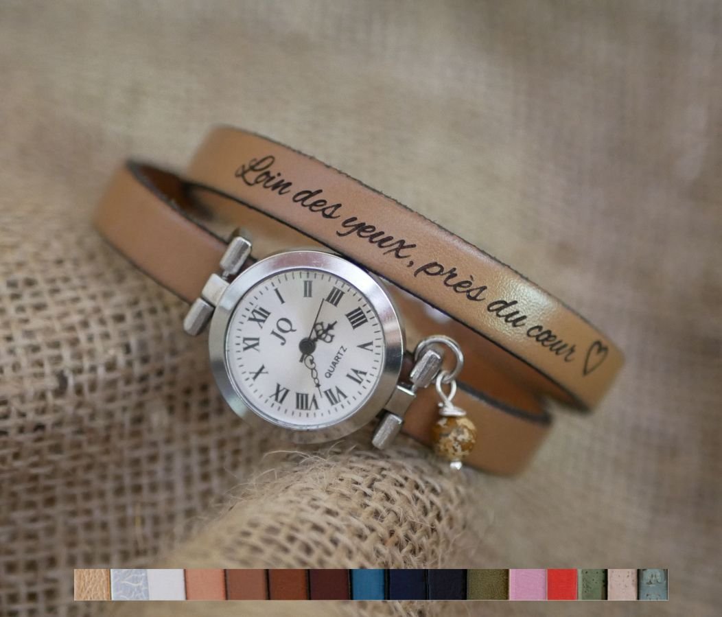 Leather bracelet watch 2 turns customizable with silver dial