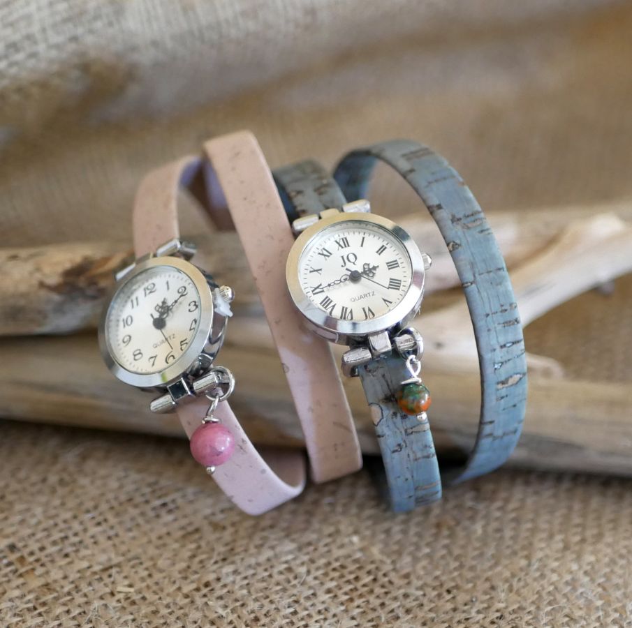 Watch silver cork bracelet 2 turns adjustable clasp