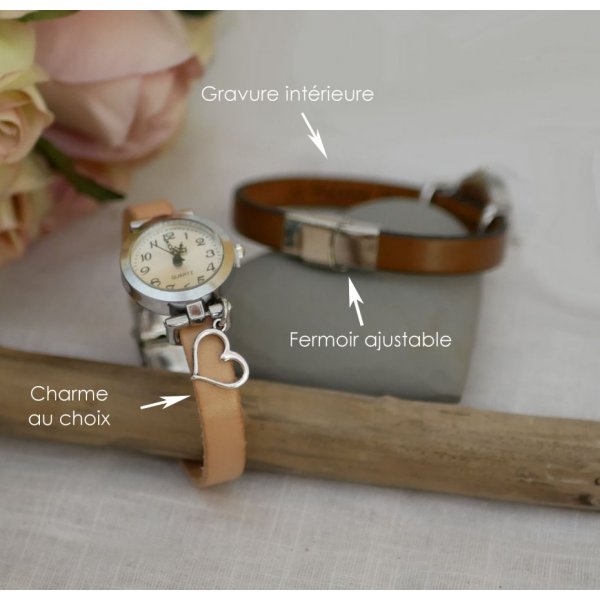 Silver watch with charm and leather strap with adjustable clasp