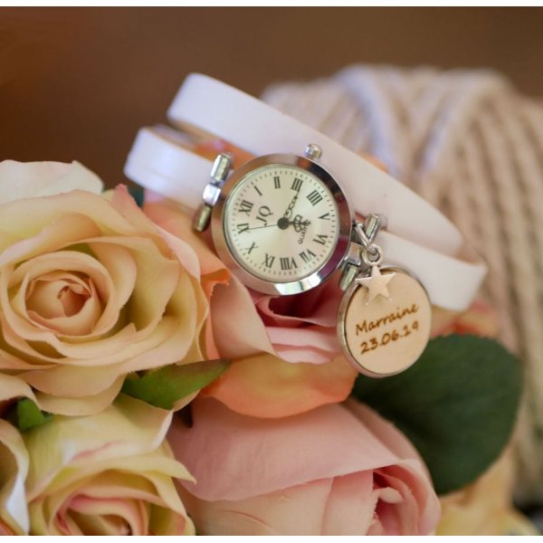 Engraved wood cabochon watch with double leather strap 